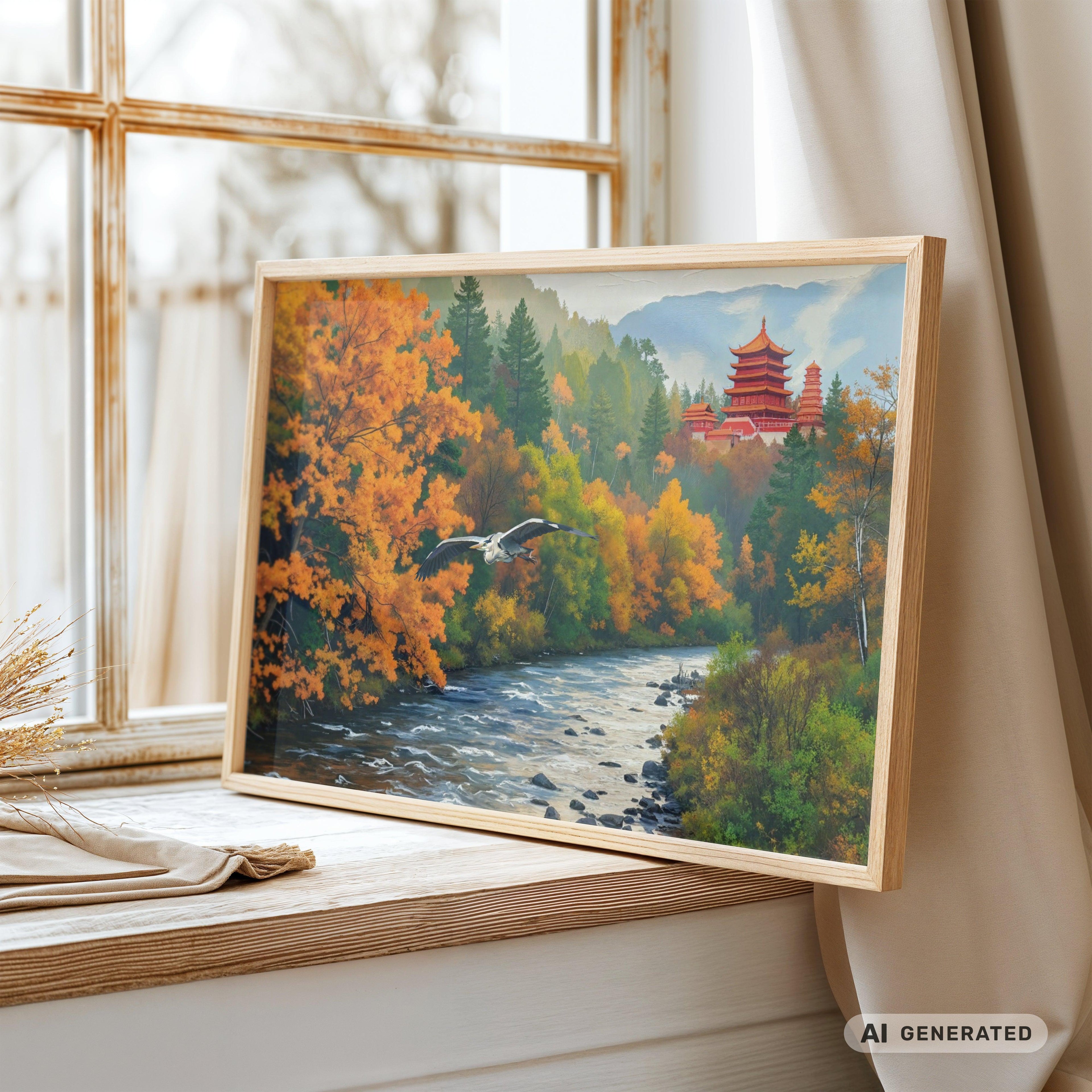 Grey Heron in Autumn Landscape Premium Wooden Framed Poster With Premium Semi-Glossy Paper 60x90 cm / 24x36″ - Sunbeamstore