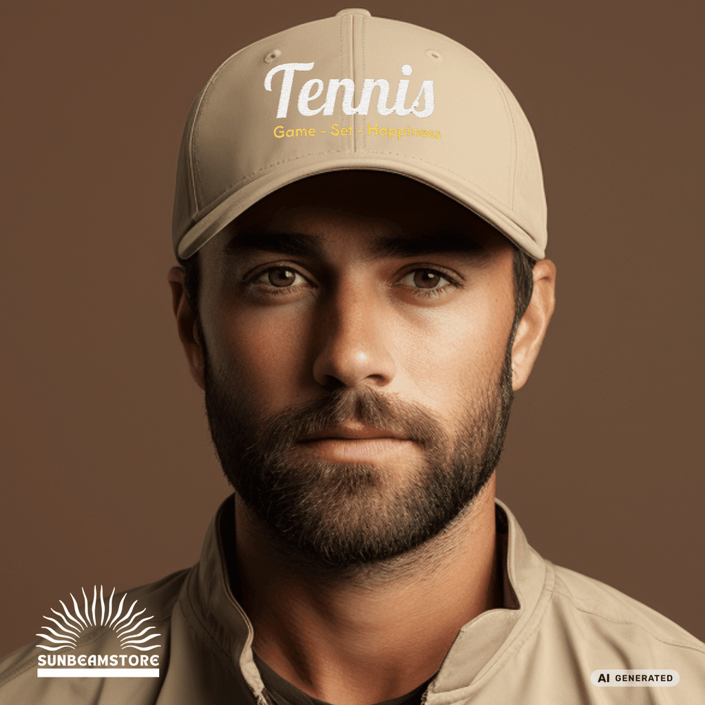 Bestickte Tennis Cap „Game – Set – Happiness“ – Personalisierbare Flexfit Baseball Cap für Tennisfans - Sunbeamstore