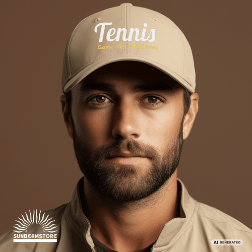 Bestickte Tennis Cap „Game – Set – Happiness“ – Personalisierbare Flexfit Baseball Cap für Tennisfans - Sunbeamstore