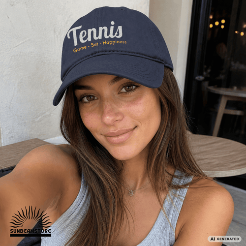 Bestickte Tennis Cap „Game – Set – Happiness“ – Personalisierbare Flexfit Baseball Cap für Tennisfans - Sunbeamstore
