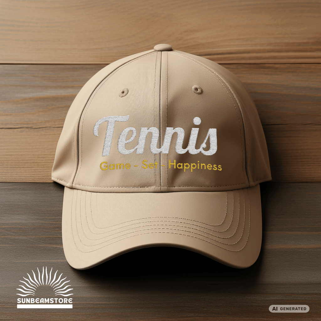 Bestickte Tennis Cap „Game – Set – Happiness“ – Personalisierbare Flexfit Baseball Cap für Tennisfans - Sunbeamstore