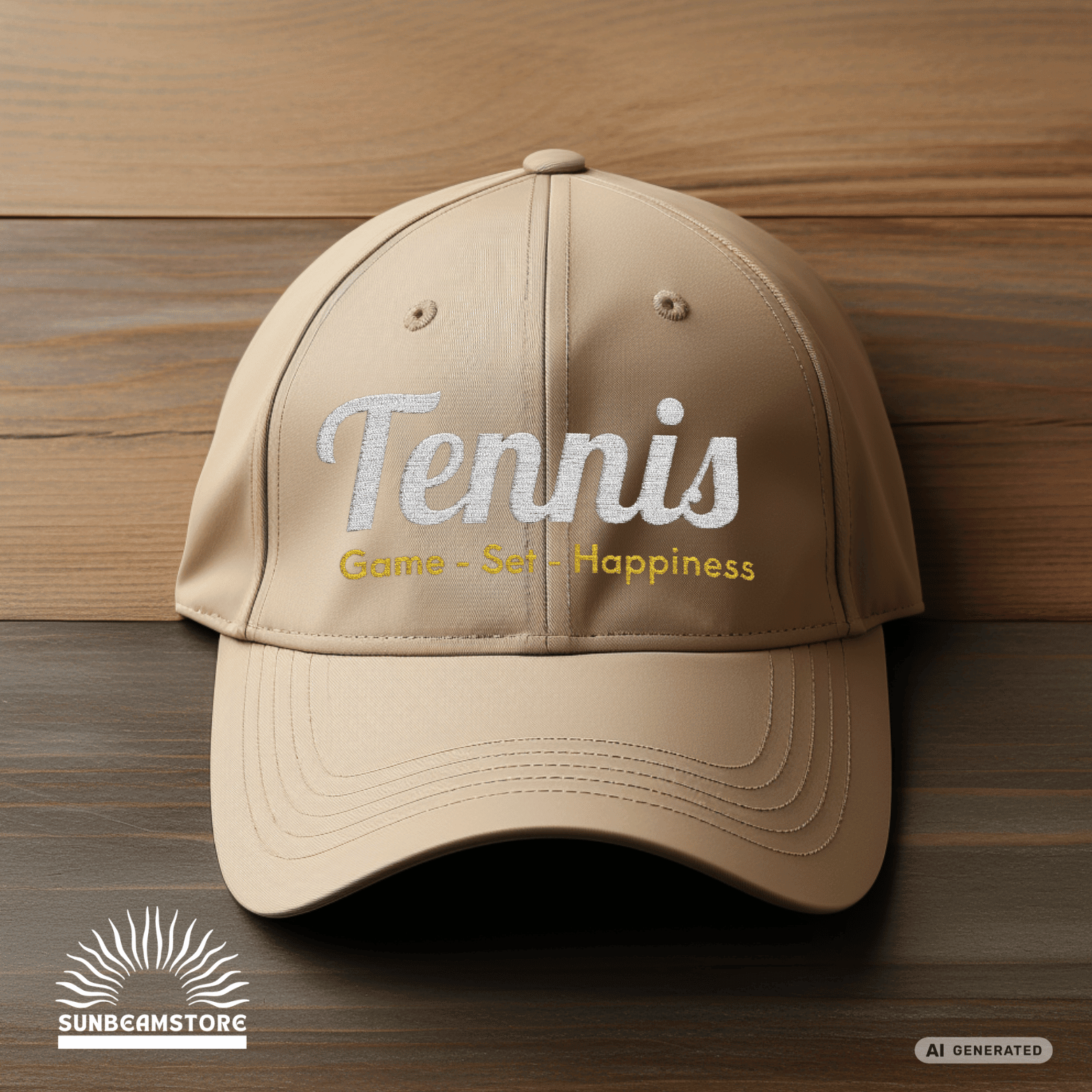 Bestickte Tennis Cap „Game – Set – Happiness“ – Personalisierbare Flexfit Baseball Cap für Tennisfans - Sunbeamstore