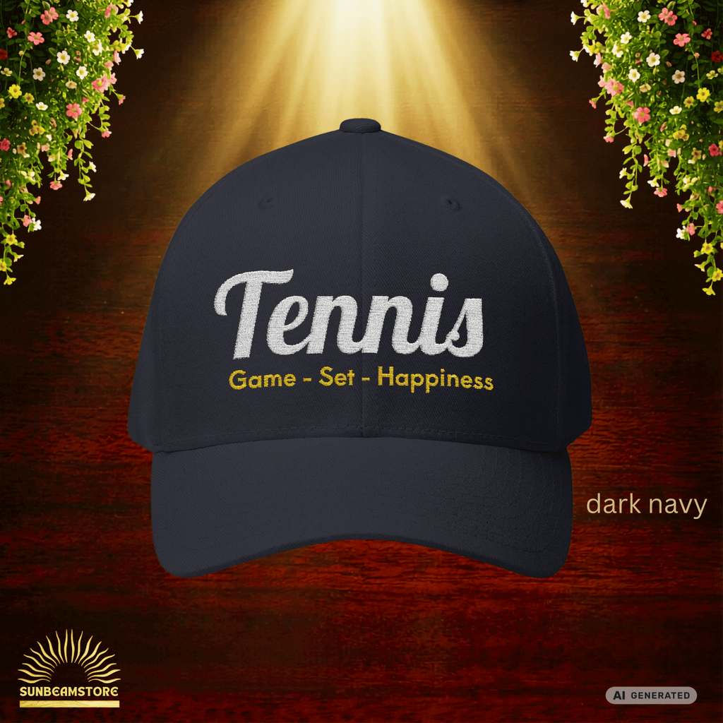 Bestickte Tennis Cap „Game – Set – Happiness“ – Personalisierbare Flexfit Baseball Cap für Tennisfans - Sunbeamstore