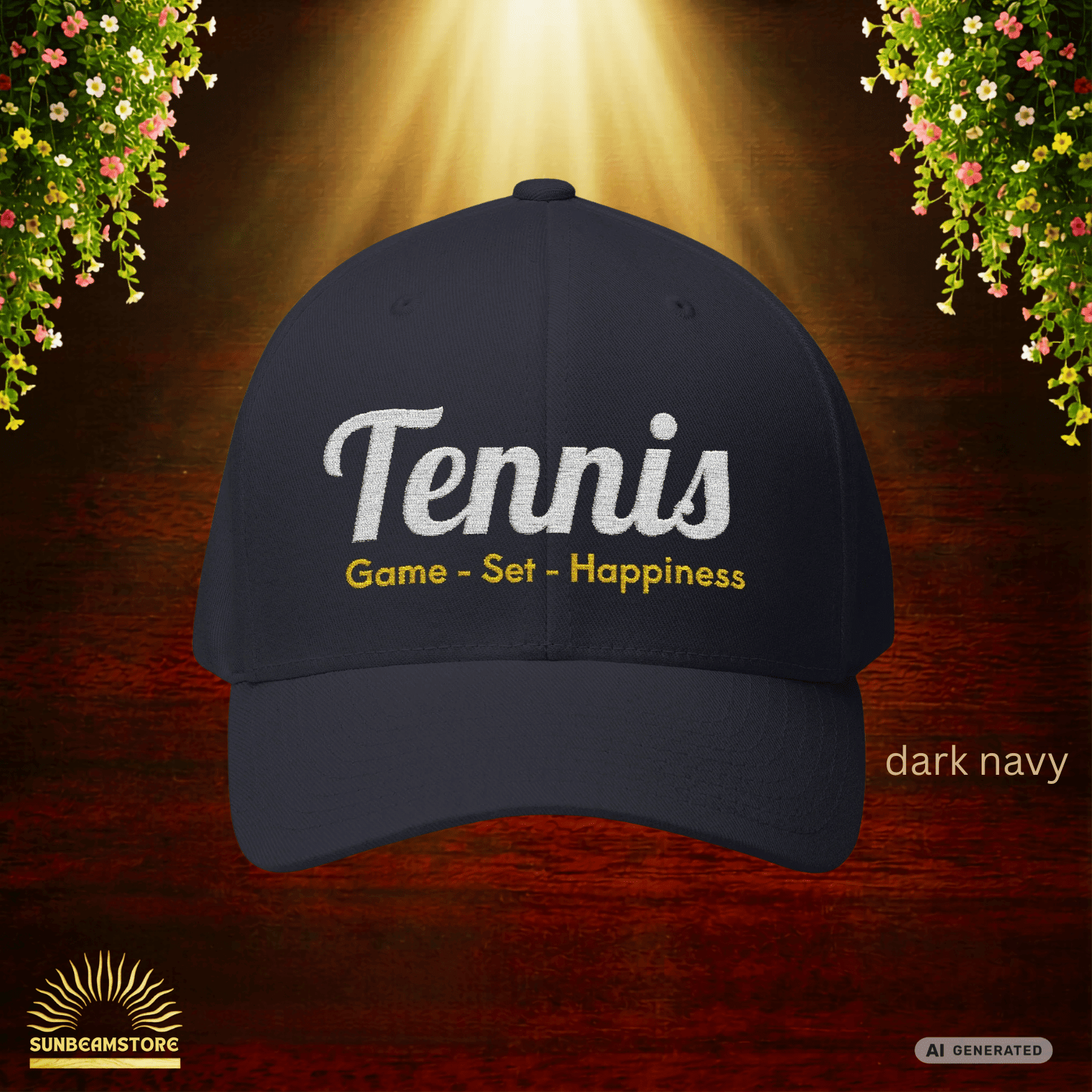 Bestickte Tennis Cap „Game – Set – Happiness“ – Personalisierbare Flexfit Baseball Cap für Tennisfans - Sunbeamstore