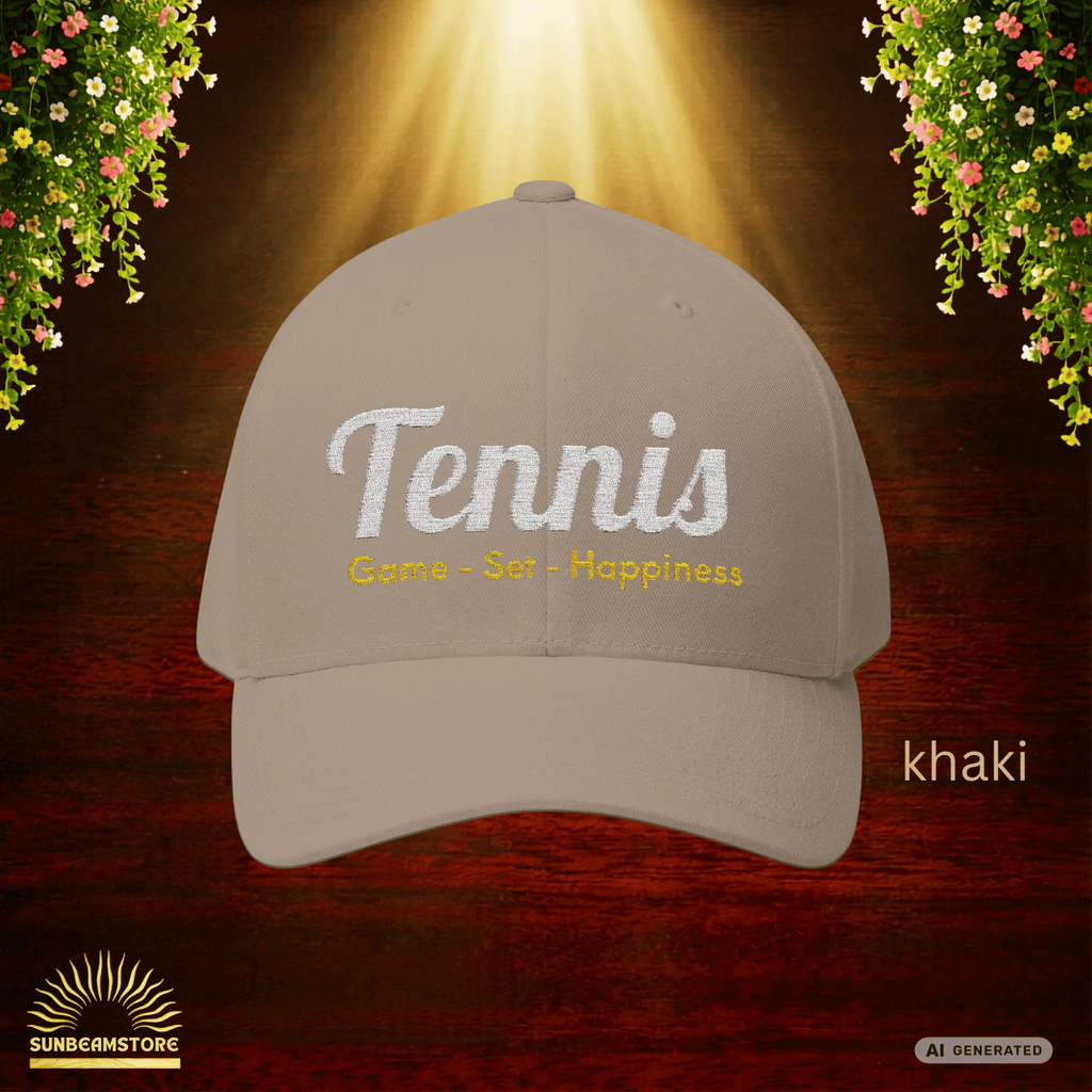 Bestickte Tennis Cap „Game – Set – Happiness“ – Personalisierbare Flexfit Baseball Cap für Tennisfans - Sunbeamstore