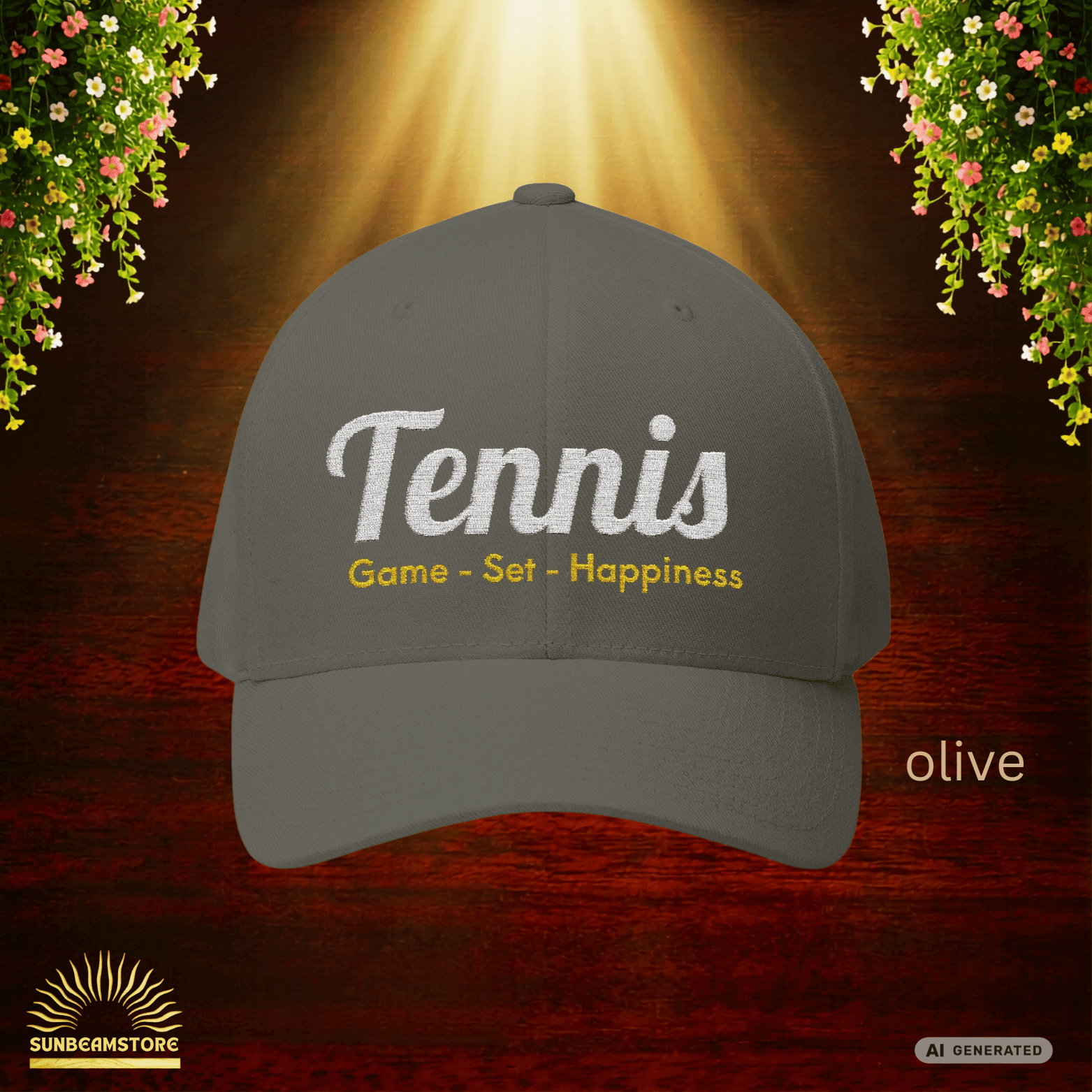 Bestickte Tennis Cap „Game – Set – Happiness“ – Personalisierbare Flexfit Baseball Cap für Tennisfans - Sunbeamstore