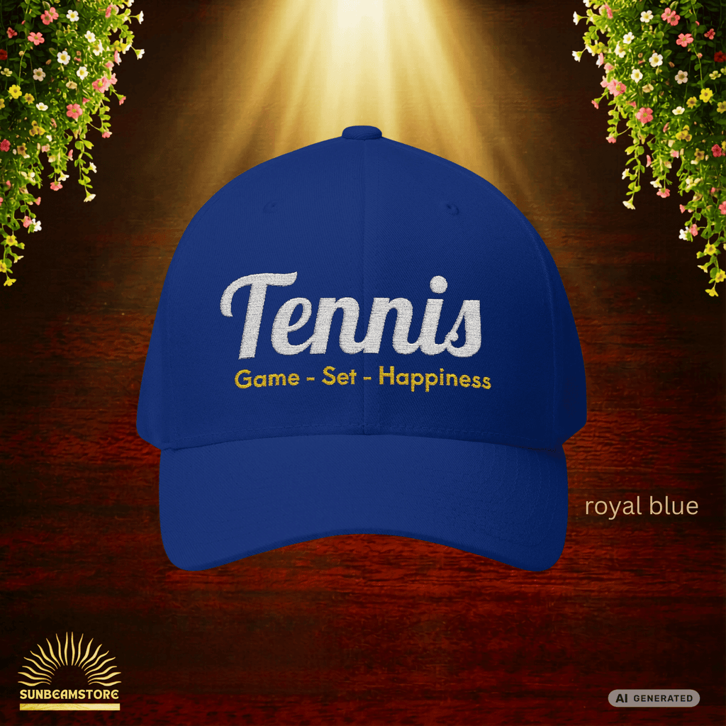 Bestickte Tennis Cap „Game – Set – Happiness“ – Personalisierbare Flexfit Baseball Cap für Tennisfans - Sunbeamstore