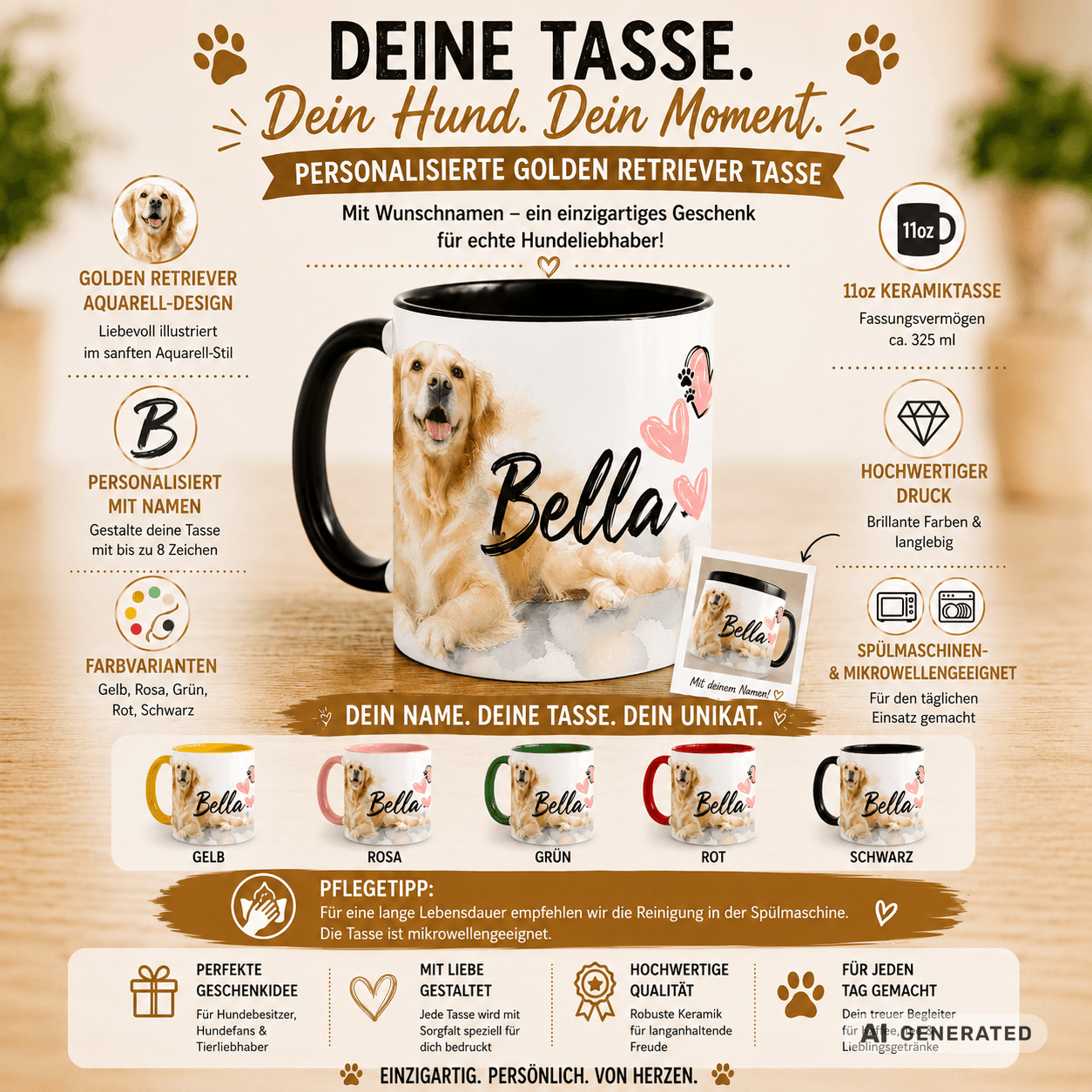 Personalisierte Golden Retriever Tasse 11oz – Aquarell Hundemotiv mit Namen | Geschenk für Hundeliebhaber | Keramiktasse mit Farbwahl - Sunbeamstore