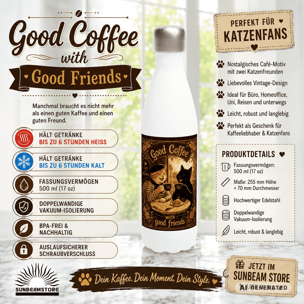 ☕🐱 Katzen Trinkflasche "Good Coffee with Good Friends" | Edelstahl Isolierflasche 500 ml | Geschenk für Kaffeeliebhaber & Katzenfans - Sunbeamstore