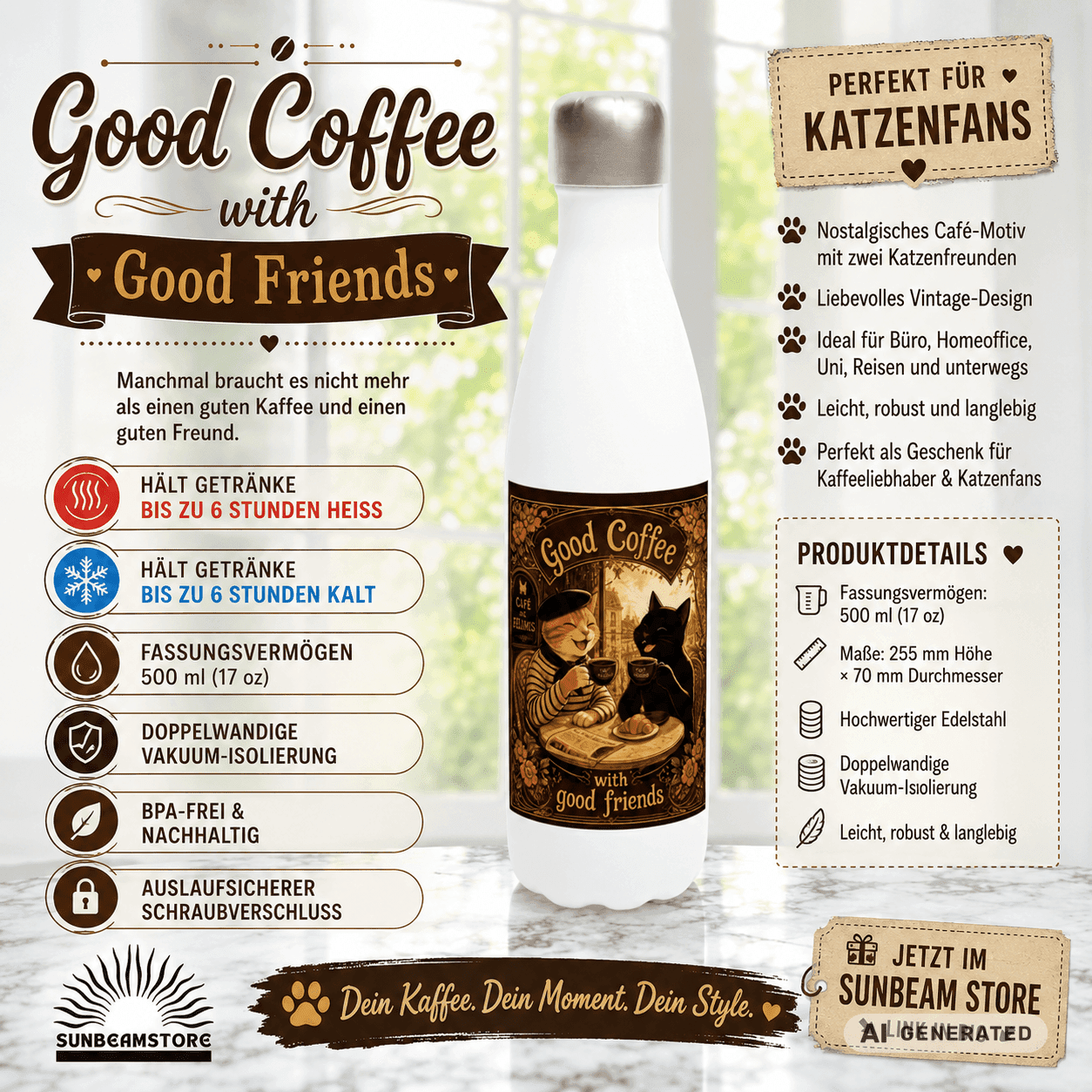 ☕🐱 Katzen Trinkflasche "Good Coffee with Good Friends" | Edelstahl Isolierflasche 500 ml | Geschenk für Kaffeeliebhaber & Katzenfans - Sunbeamstore