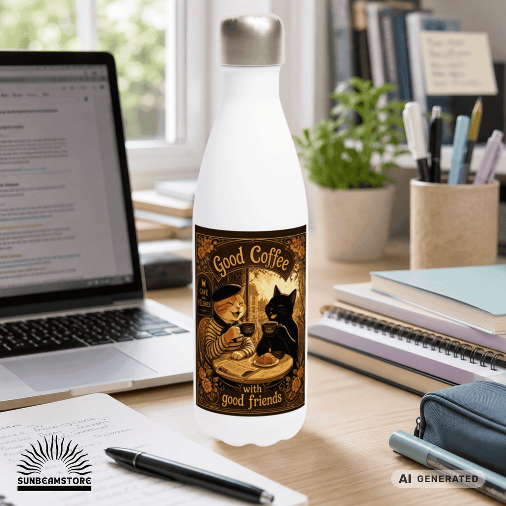 ☕🐱 Katzen Trinkflasche "Good Coffee with Good Friends" | Edelstahl Isolierflasche 500 ml | Geschenk für Kaffeeliebhaber & Katzenfans - Sunbeamstore