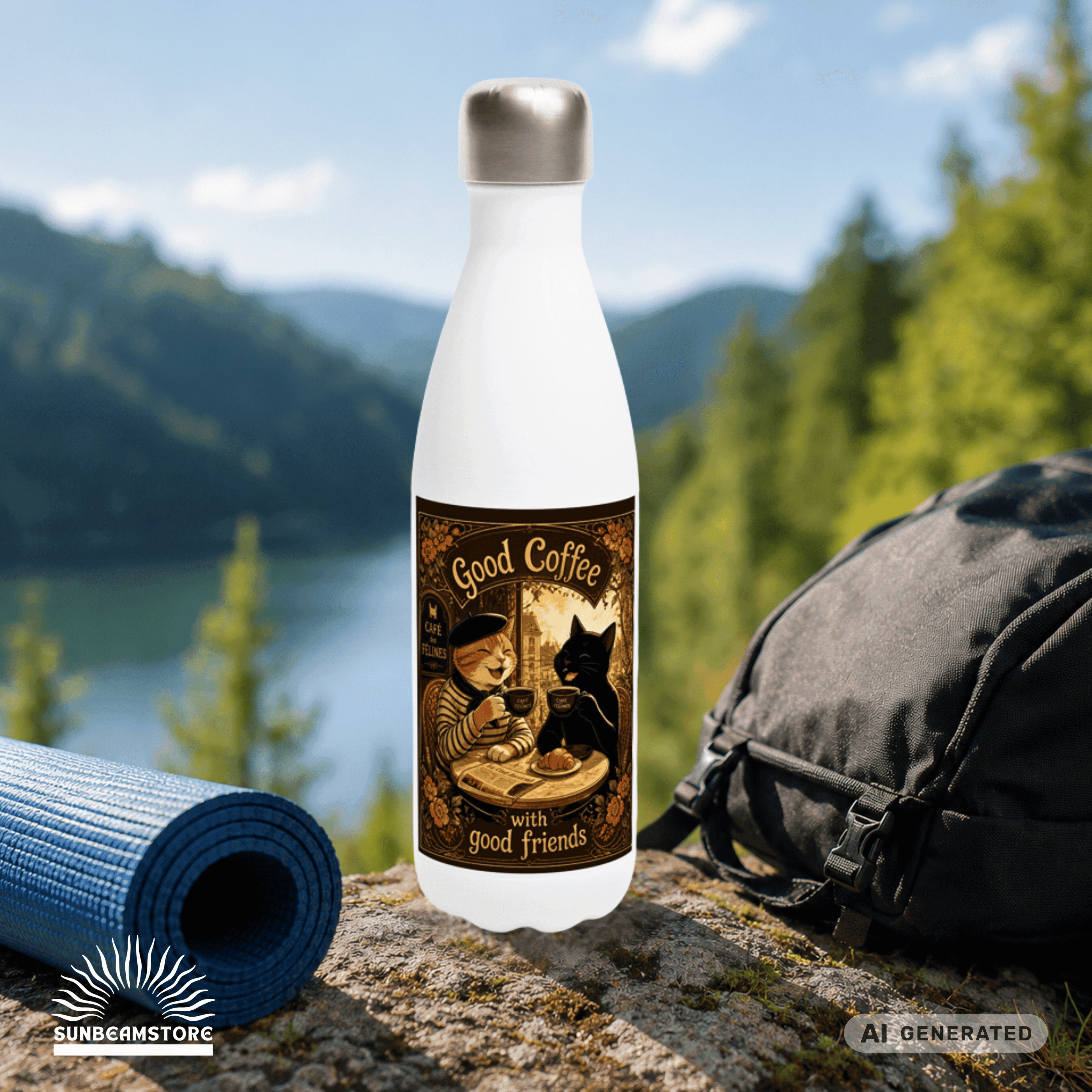 ☕🐱 Katzen Trinkflasche "Good Coffee with Good Friends" | Edelstahl Isolierflasche 500 ml | Geschenk für Kaffeeliebhaber & Katzenfans - Sunbeamstore