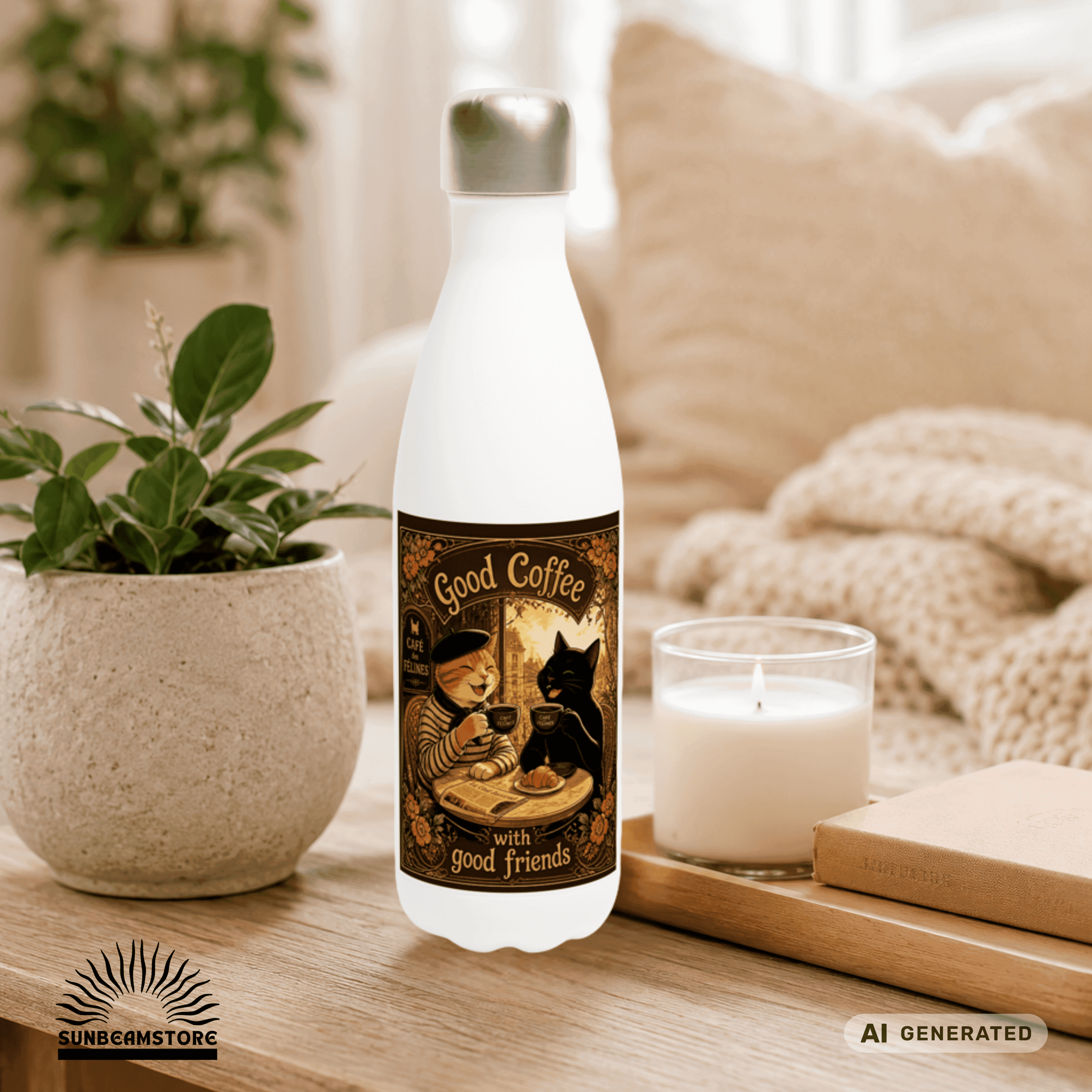 ☕🐱 Katzen Trinkflasche "Good Coffee with Good Friends" | Edelstahl Isolierflasche 500 ml | Geschenk für Kaffeeliebhaber & Katzenfans - Sunbeamstore