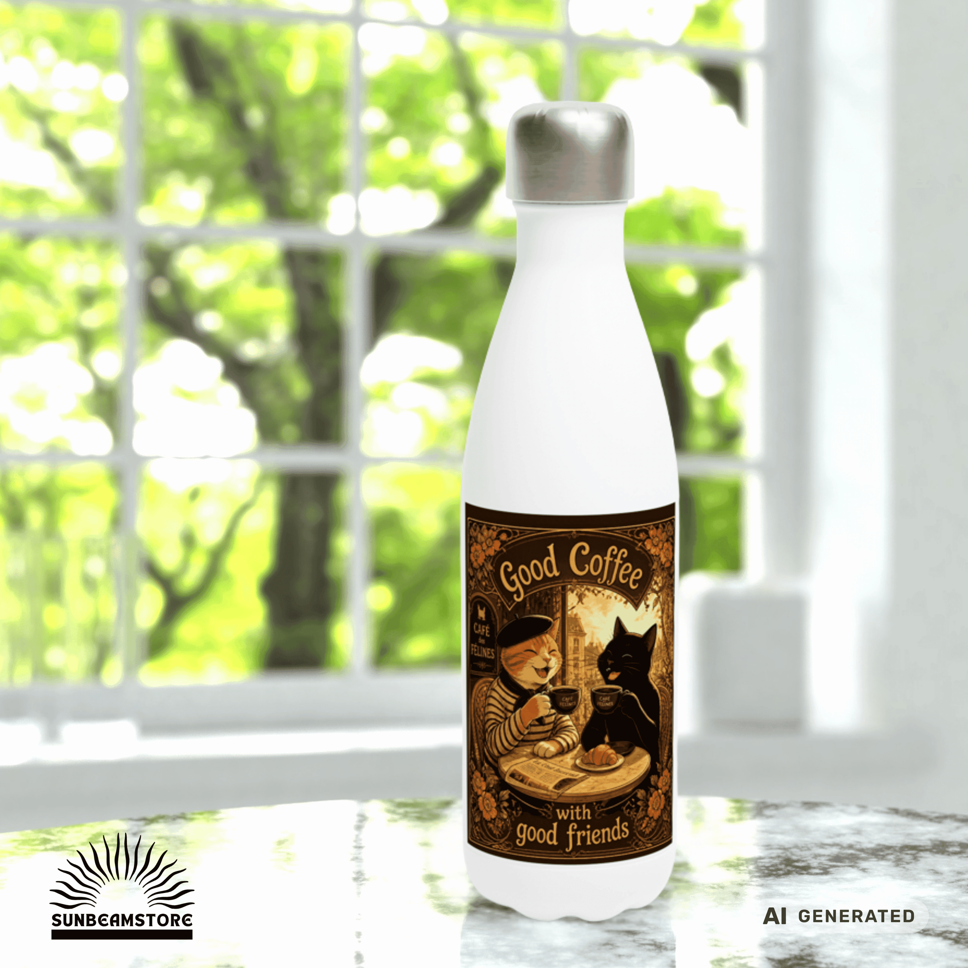 ☕🐱 Katzen Trinkflasche "Good Coffee with Good Friends" | Edelstahl Isolierflasche 500 ml | Geschenk für Kaffeeliebhaber & Katzenfans - Sunbeamstore