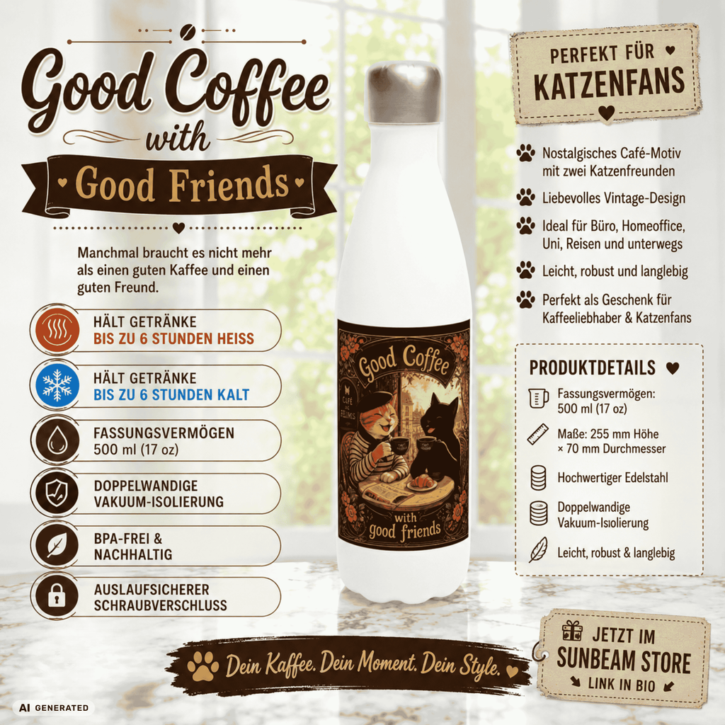 ☕🐱 Katzen Trinkflasche "Good Coffee with Good Friends" | Edelstahl Isolierflasche 500 ml | Geschenk für Kaffeeliebhaber & Katzenfans - Sunbeamstore