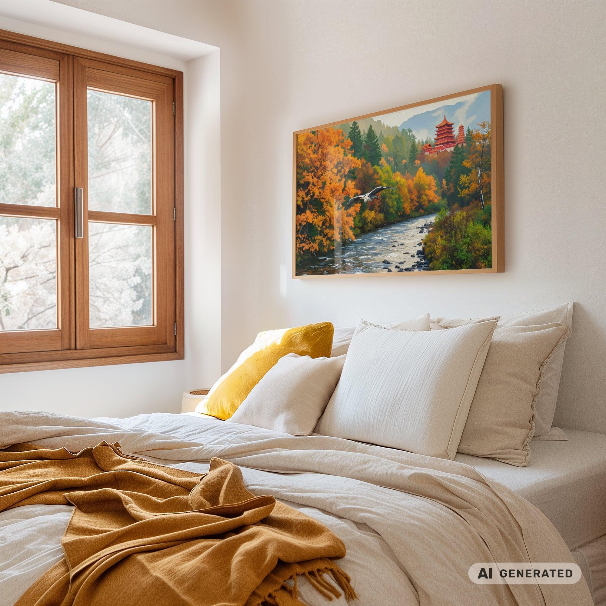 Grey Heron in Autumn Landscape Premium Wooden Framed Poster With Premium Semi-Glossy Paper 60x90 cm / 24x36″ - Sunbeamstore