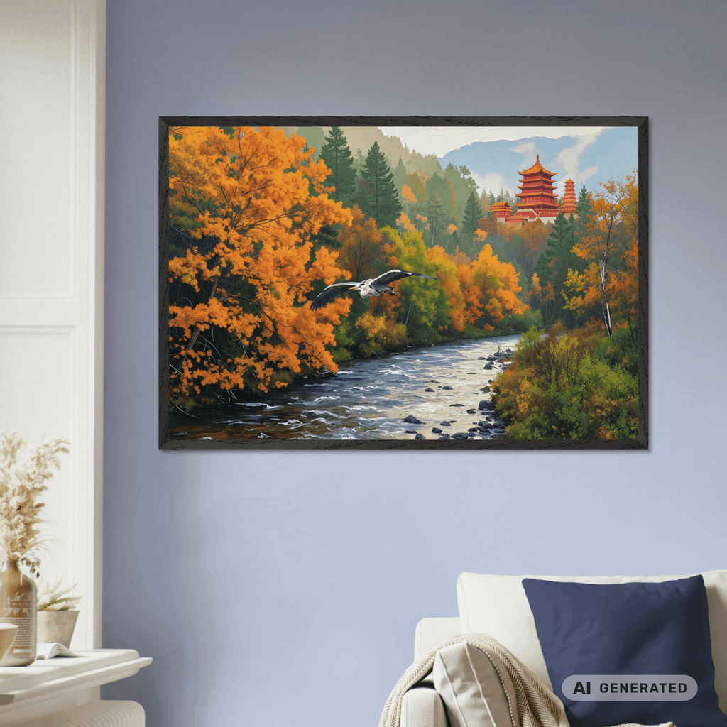 Grey Heron in Autumn Landscape Premium Wooden Framed Poster With Premium Semi-Glossy Paper 60x90 cm / 24x36″ - Sunbeamstore