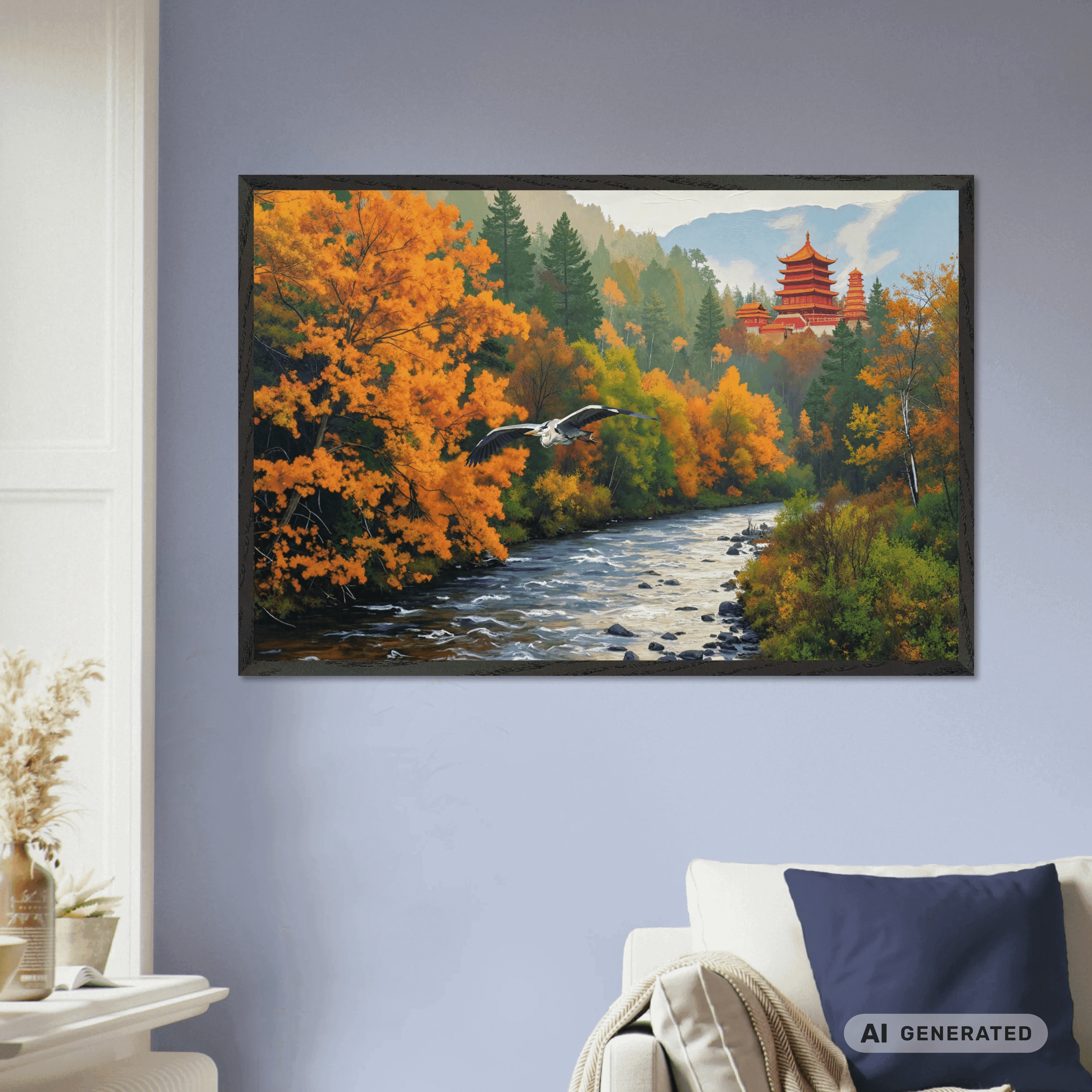 Grey Heron in Autumn Landscape Premium Wooden Framed Poster With Premium Semi-Glossy Paper 60x90 cm / 24x36″ - Sunbeamstore