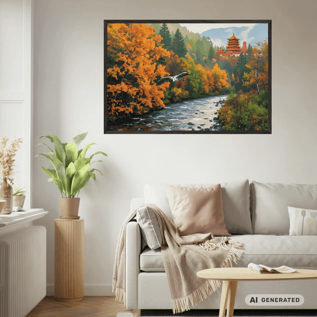 Grey Heron in Autumn Landscape Premium Wooden Framed Poster With Premium Semi-Glossy Paper 60x90 cm / 24x36″ - Sunbeamstore