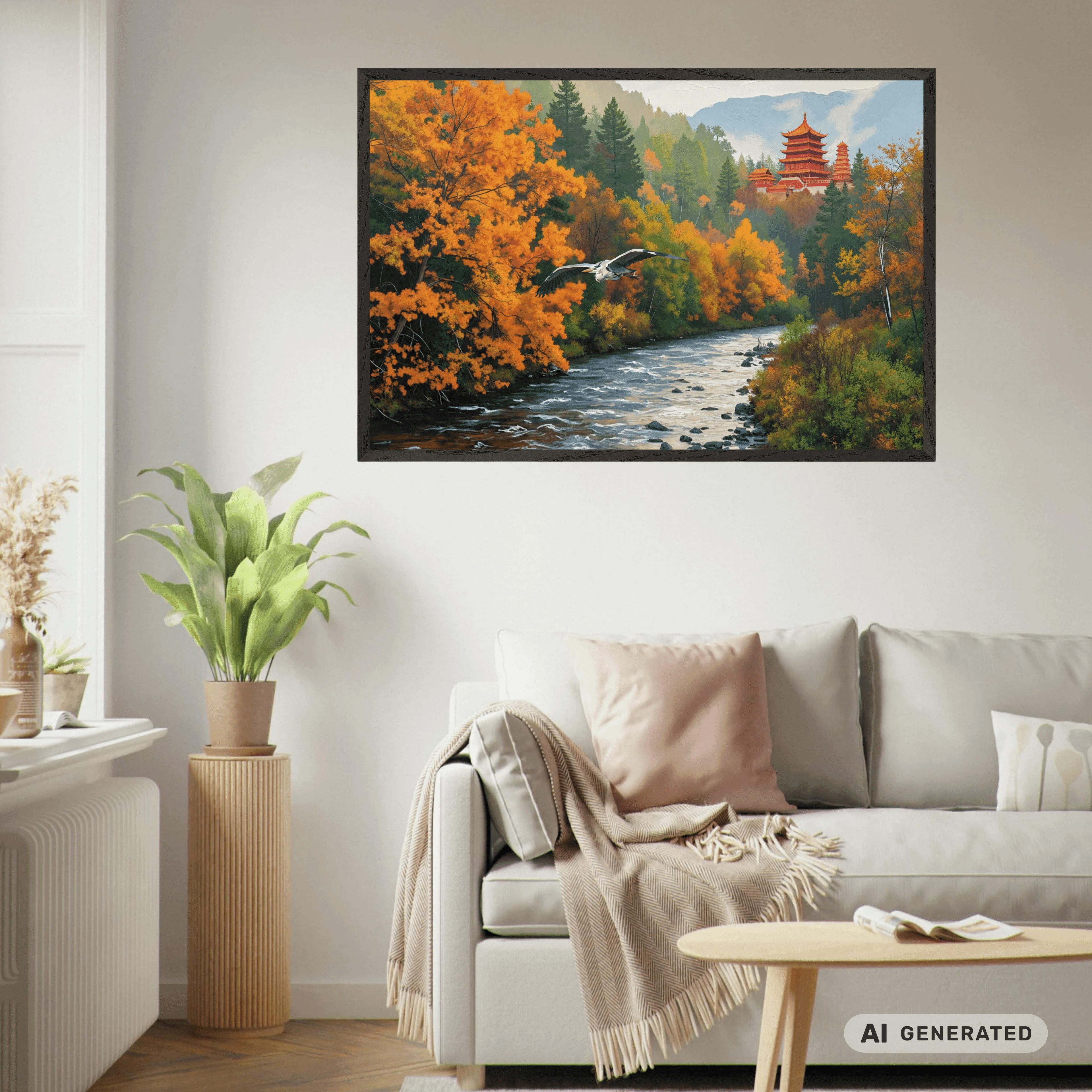 Grey Heron in Autumn Landscape Premium Wooden Framed Poster With Premium Semi-Glossy Paper 60x90 cm / 24x36″ - Sunbeamstore