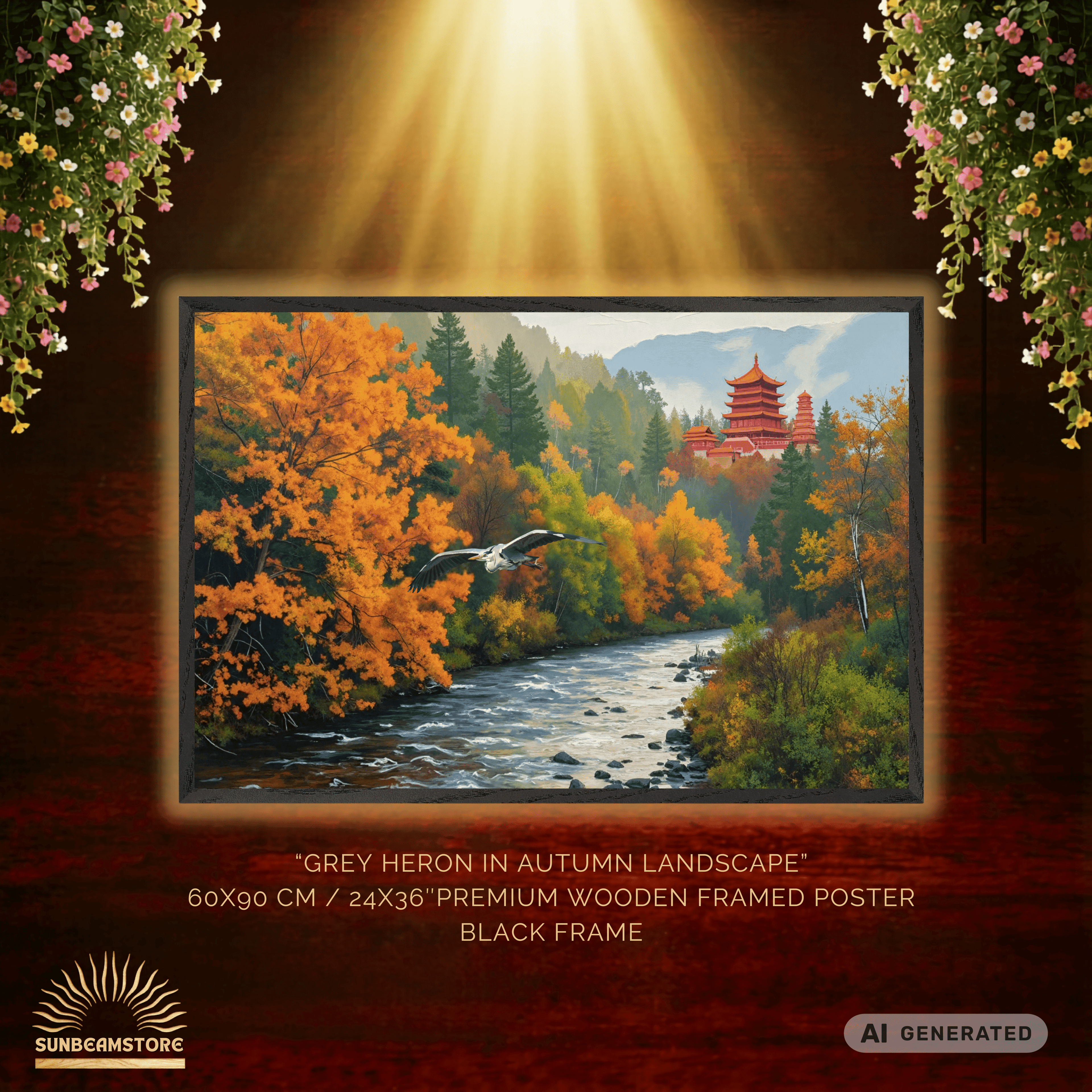 Grey Heron in Autumn Landscape Premium Wooden Framed Poster With Premium Semi-Glossy Paper 60x90 cm / 24x36″ - Sunbeamstore