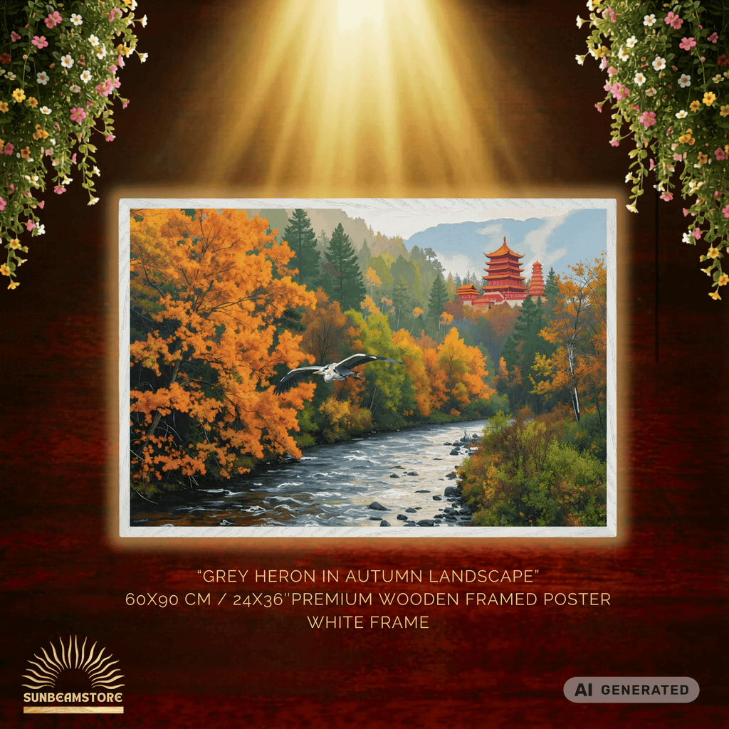 Grey Heron in Autumn Landscape Premium Wooden Framed Poster With Premium Semi-Glossy Paper 60x90 cm / 24x36″ - Sunbeamstore