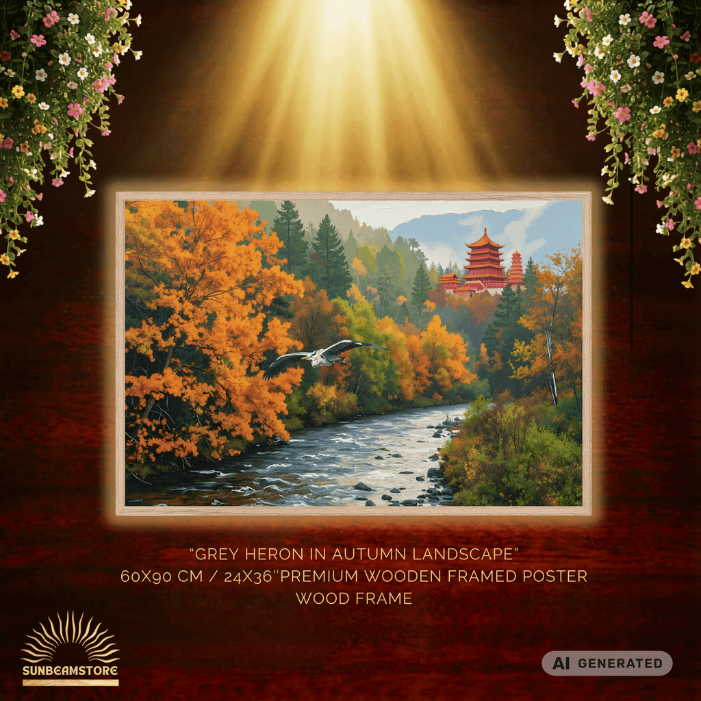 Grey Heron in Autumn Landscape Premium Wooden Framed Poster With Premium Semi-Glossy Paper 60x90 cm / 24x36″ - Sunbeamstore