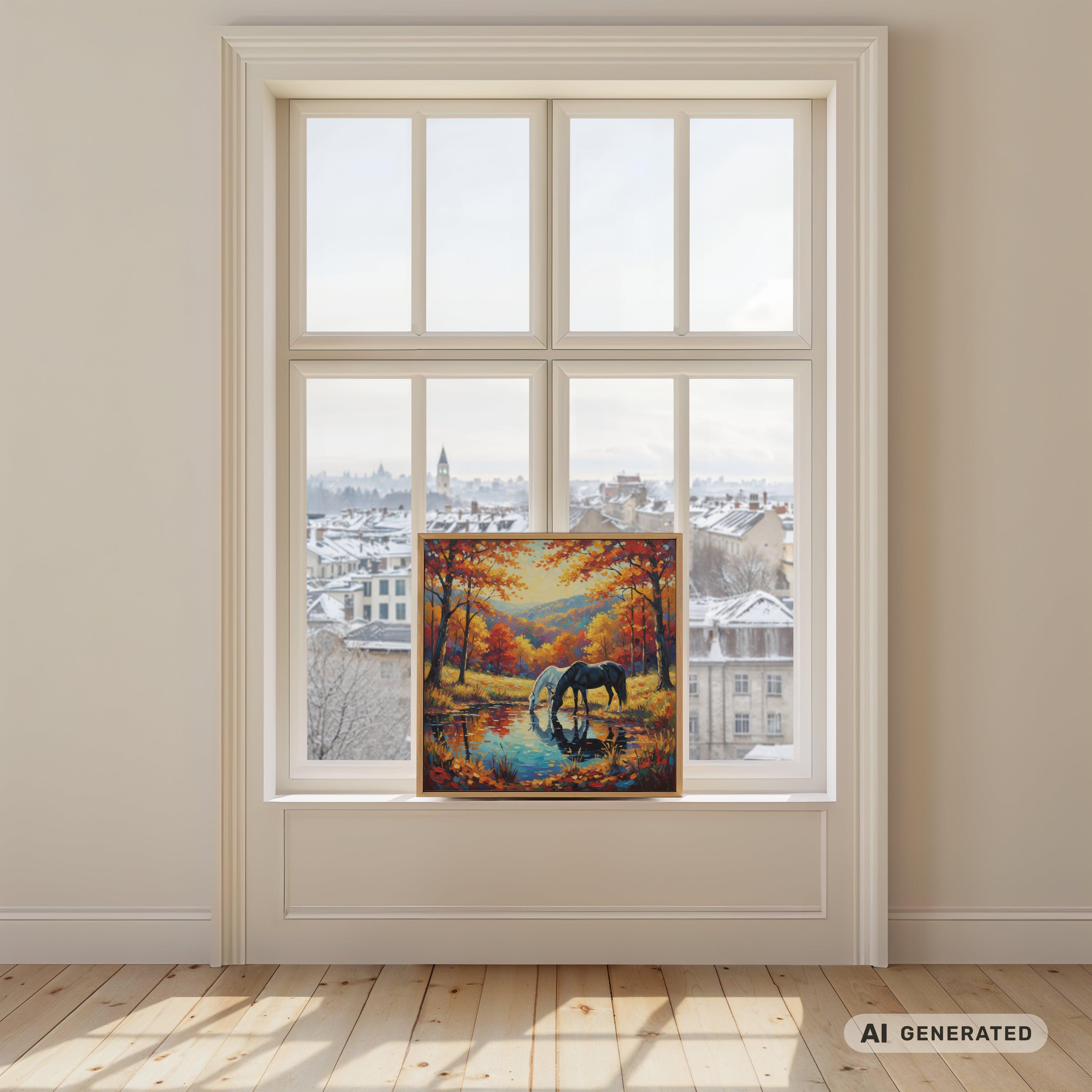Hengst und Stute am herbstlichen Weiher Premium Wooden Framed Poster With Premium Semi-Glossy Paper 70x70 cm / 28x28″ - Sunbeamstore