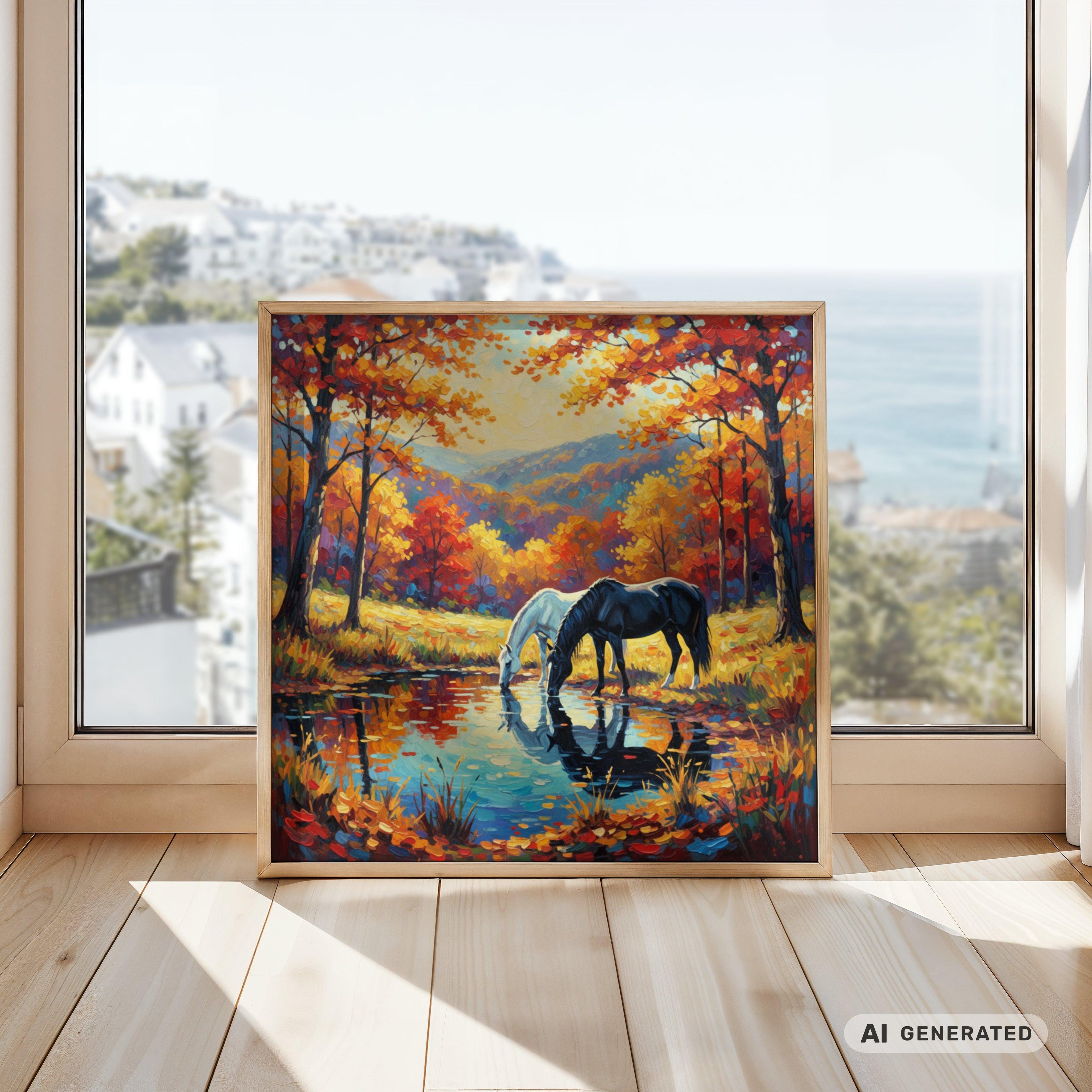Hengst und Stute am herbstlichen Weiher Premium Wooden Framed Poster With Premium Semi-Glossy Paper 70x70 cm / 28x28″ - Sunbeamstore