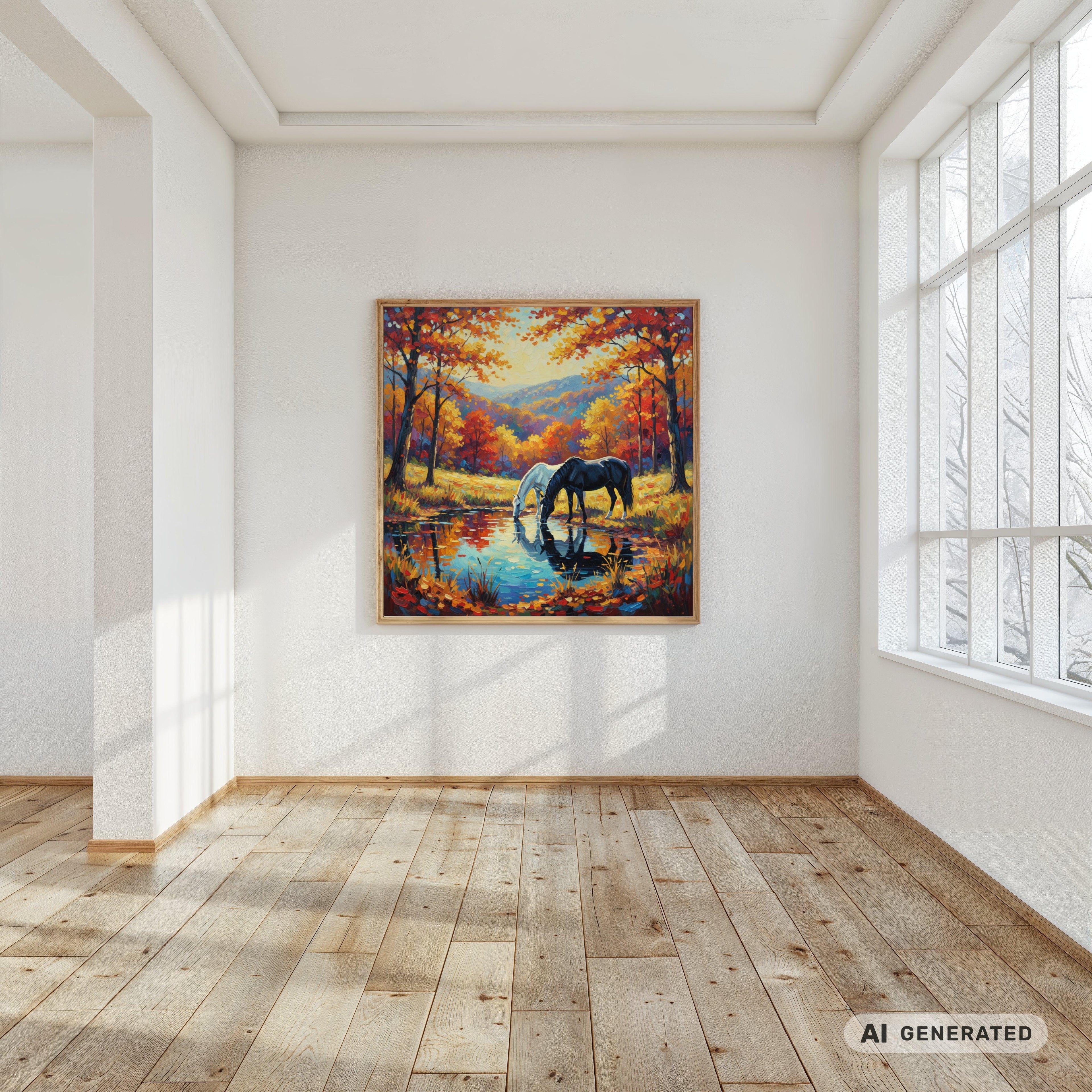 Hengst und Stute am herbstlichen Weiher Premium Wooden Framed Poster With Premium Semi-Glossy Paper 70x70 cm / 28x28″ - Sunbeamstore