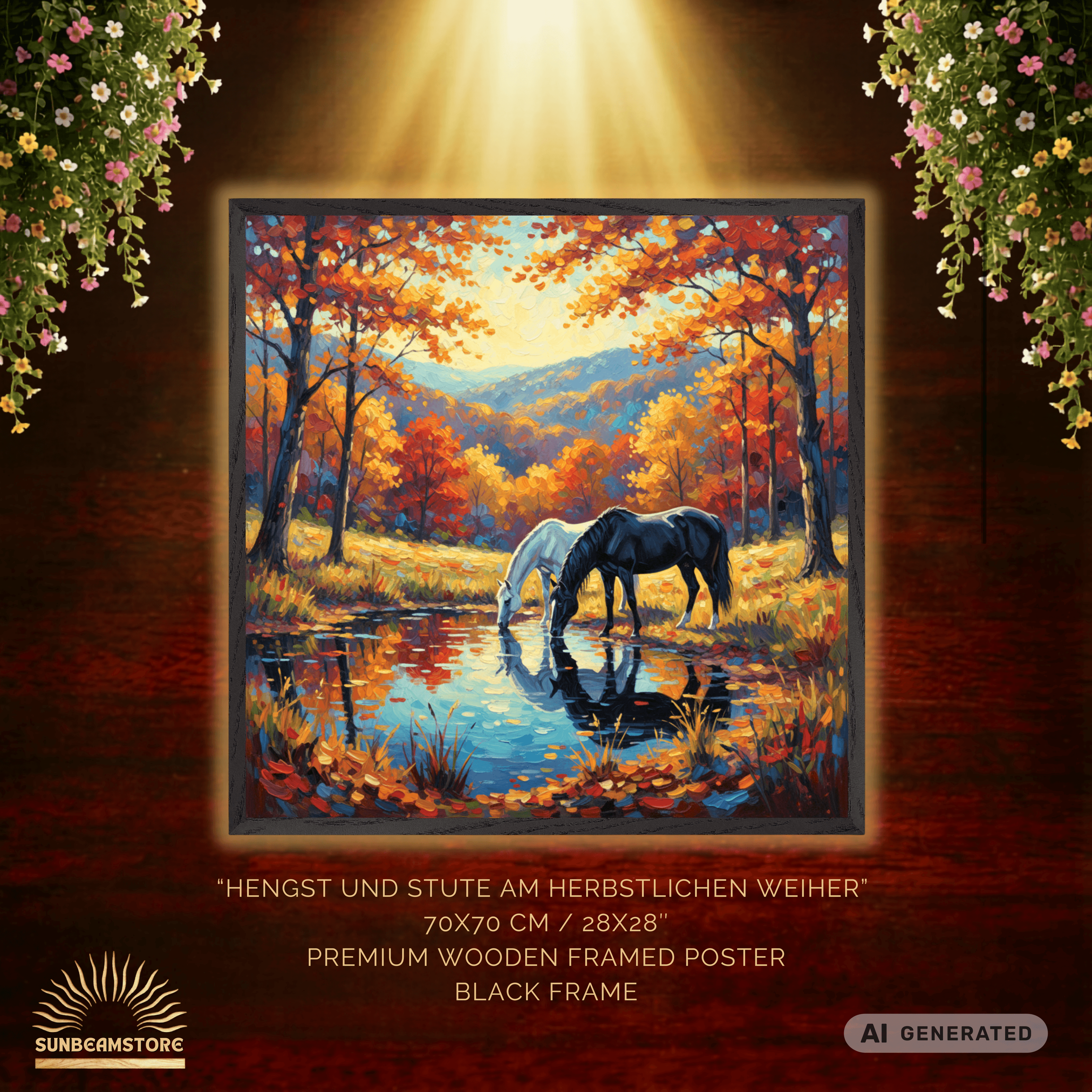 Hengst und Stute am herbstlichen Weiher Premium Wooden Framed Poster With Premium Semi-Glossy Paper 70x70 cm / 28x28″ - Sunbeamstore