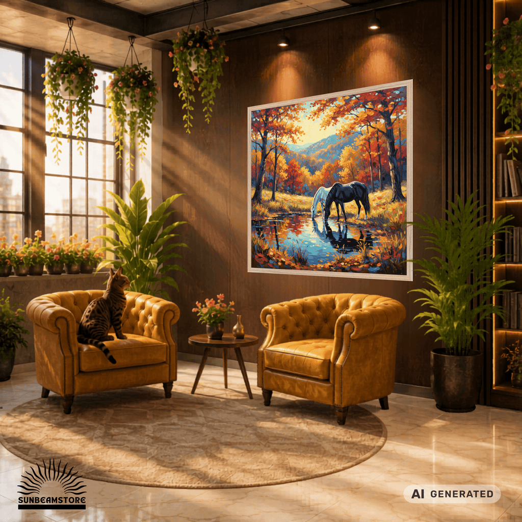 Hengst und Stute am herbstlichen Weiher Premium Wooden Framed Poster With Premium Semi-Glossy Paper 70x70 cm / 28x28″ - Sunbeamstore