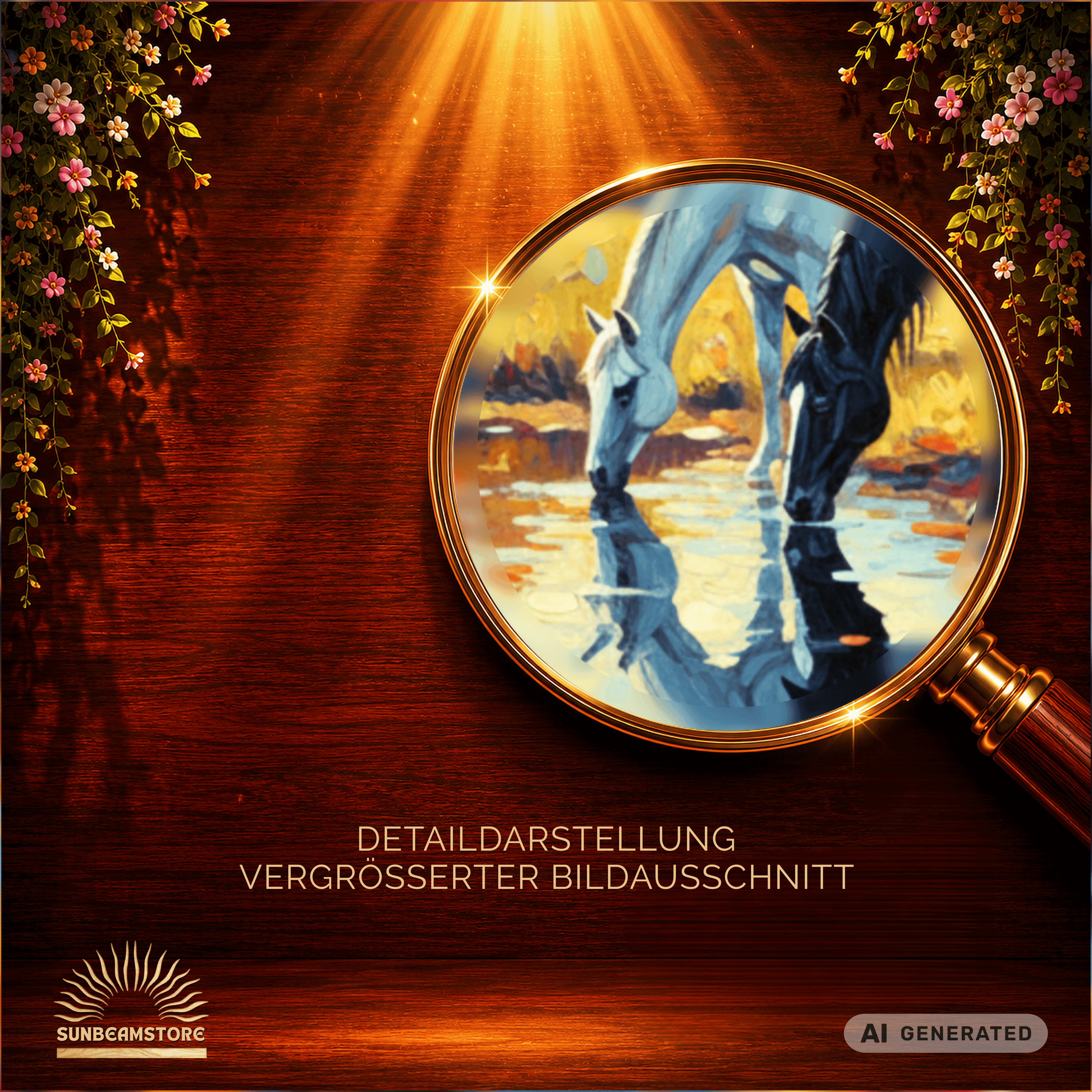 Hengst und Stute am herbstlichen Weiher Premium Wooden Framed Poster With Premium Semi-Glossy Paper 70x70 cm / 28x28″ - Sunbeamstore