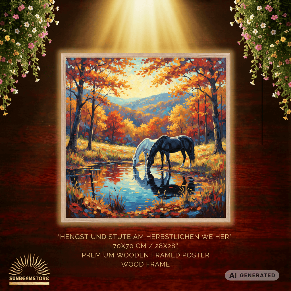 Hengst und Stute am herbstlichen Weiher Premium Wooden Framed Poster With Premium Semi-Glossy Paper 70x70 cm / 28x28″ - Sunbeamstore
