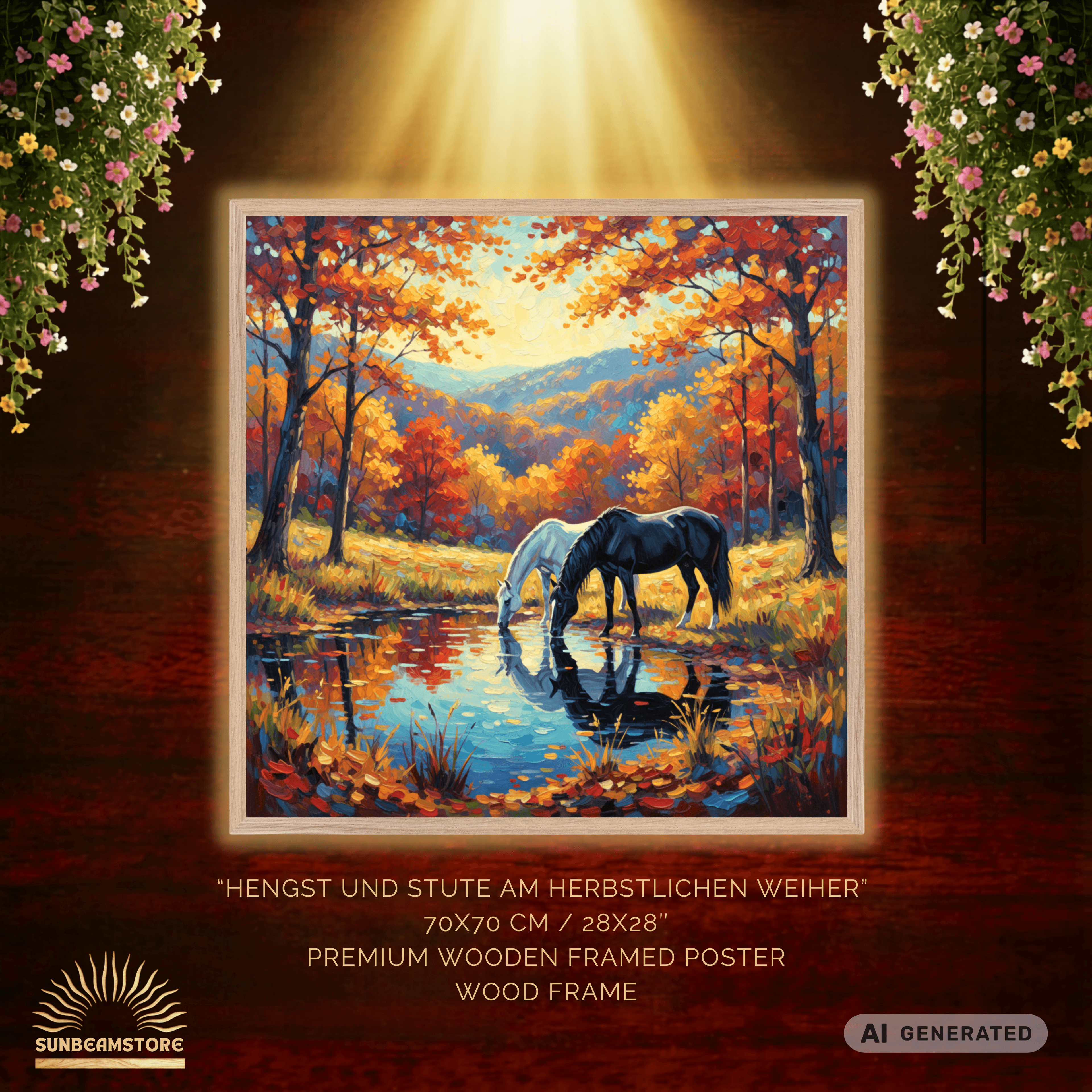 Hengst und Stute am herbstlichen Weiher Premium Wooden Framed Poster With Premium Semi-Glossy Paper 70x70 cm / 28x28″ - Sunbeamstore