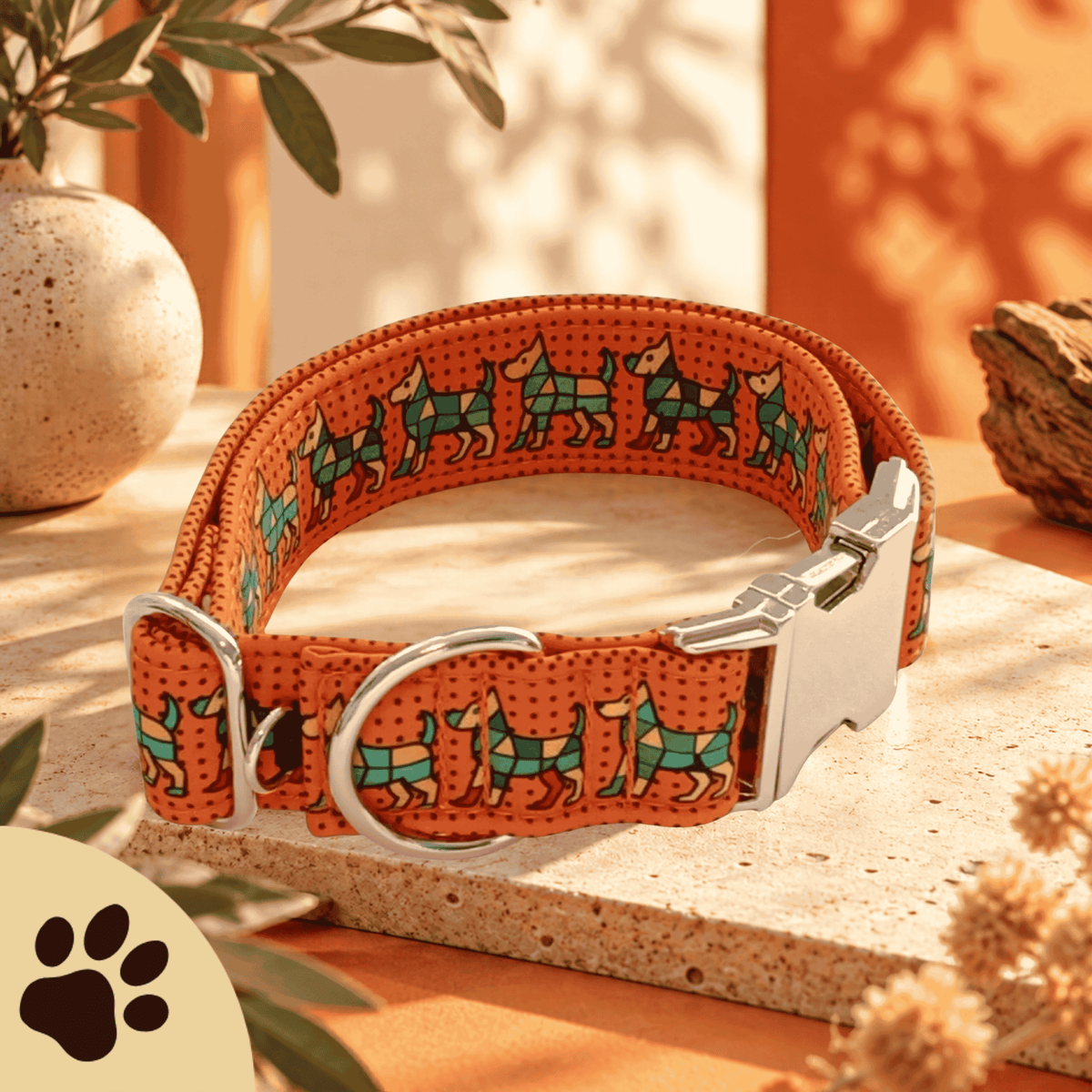 Bunter Hund – Hundehalsband in Orange mit buntem Hundemuster | Sunbeamstore - Sunbeamstore