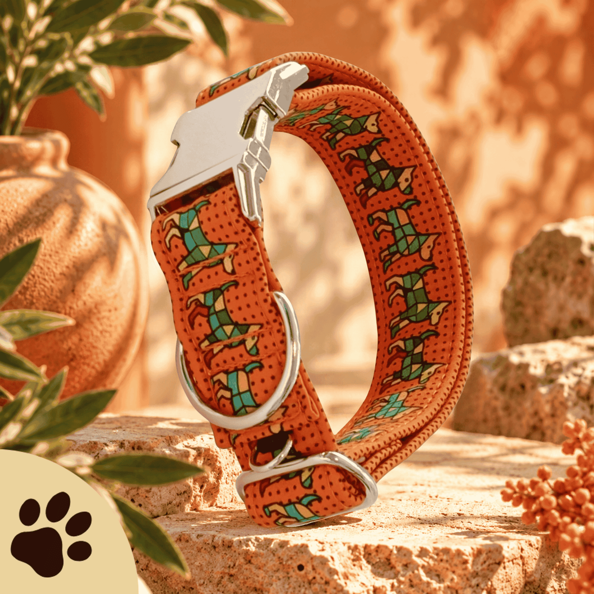 Bunter Hund – Hundehalsband in Orange mit buntem Hundemuster | Sunbeamstore - Sunbeamstore