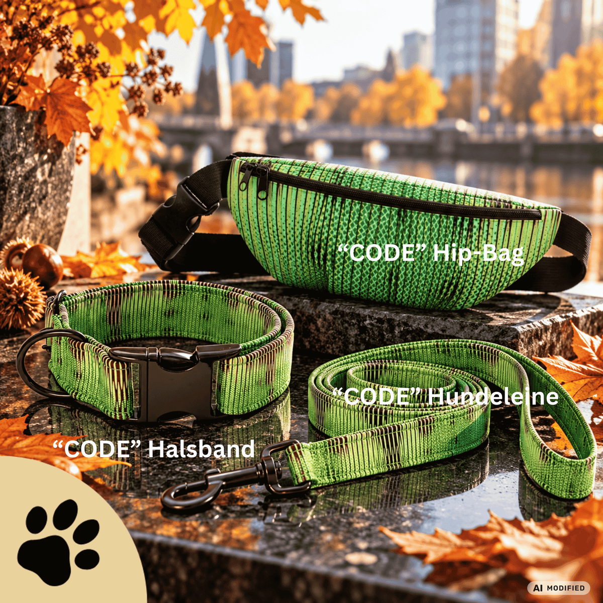 Code – Hundehalsband in Grün mit grafischem Linienmuster | Sunbeamstore - Sunbeamstore