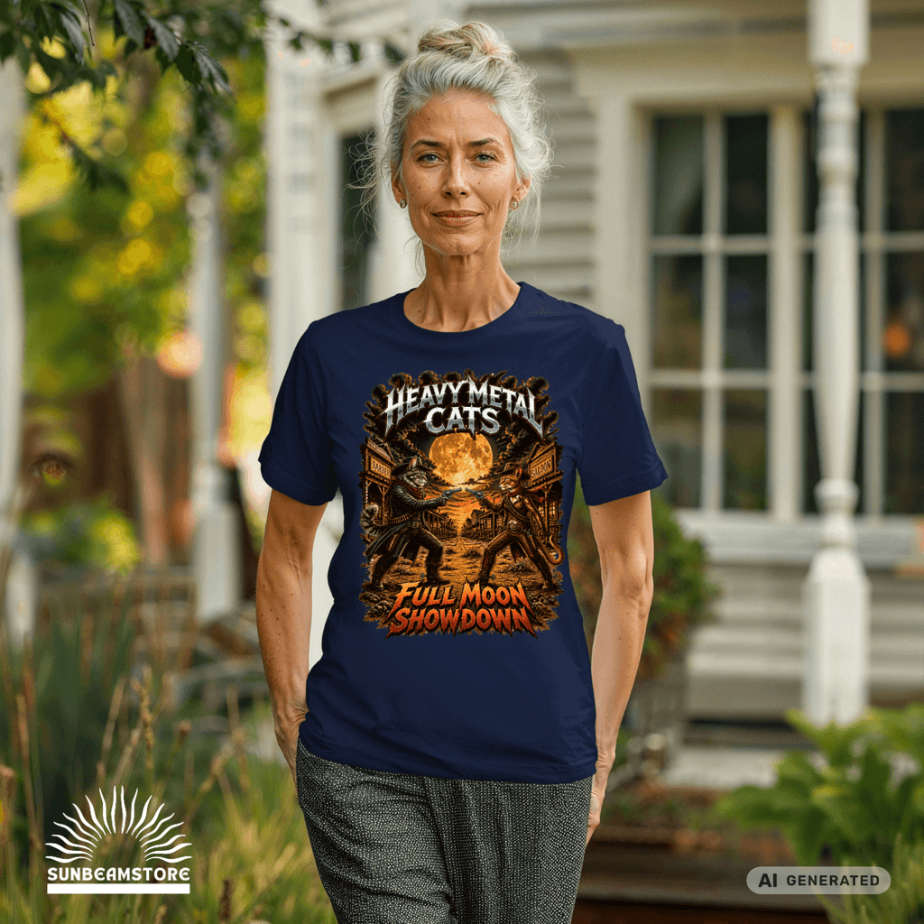 Heavy Metal Cats – Full Moon Showdown | Lustiges Katzen Metal T-Shirt | Cowboy Katzen Shirt | Gildan 64000 Unisex - Sunbeamstore