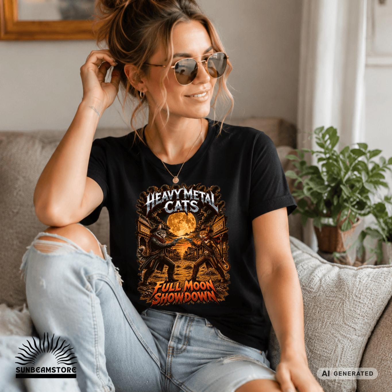 Heavy Metal Cats – Full Moon Showdown | Lustiges Katzen Metal T-Shirt | Cowboy Katzen Shirt | Gildan 64000 Unisex - Sunbeamstore