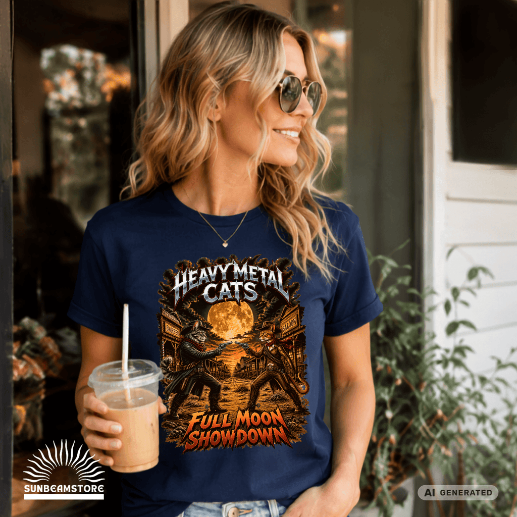Heavy Metal Cats – Full Moon Showdown | Lustiges Katzen Metal T-Shirt | Cowboy Katzen Shirt | Gildan 64000 Unisex - Sunbeamstore
