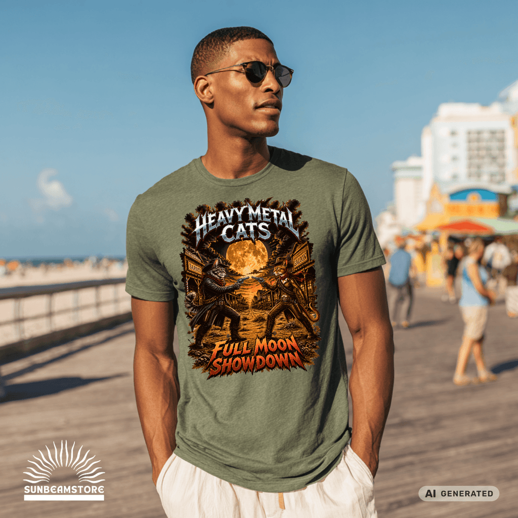Heavy Metal Cats – Full Moon Showdown | Lustiges Katzen Metal T-Shirt | Cowboy Katzen Shirt | Gildan 64000 Unisex - Sunbeamstore