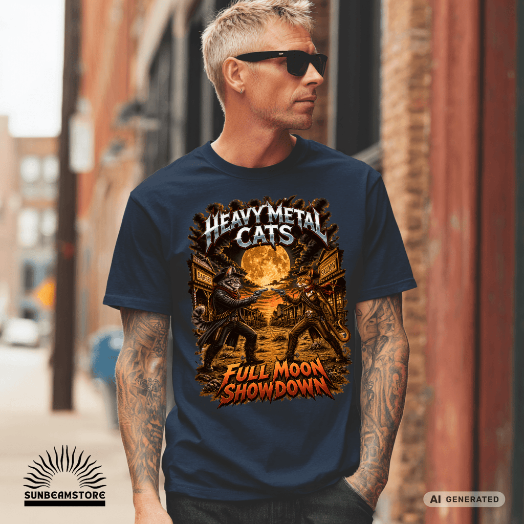 Heavy Metal Cats – Full Moon Showdown | Lustiges Katzen Metal T-Shirt | Cowboy Katzen Shirt | Gildan 64000 Unisex - Sunbeamstore