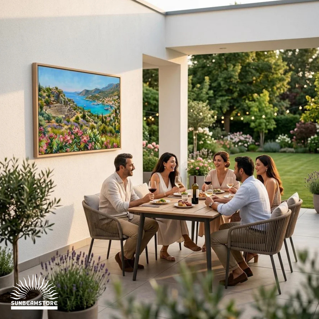 Traumküsten Serie Part III – Mediterrane Küstenlandschaft auf Leinwand | Holzrahmen Wandbild für Balkon & Terrasse | Urlaubsfeeling für Zuhause