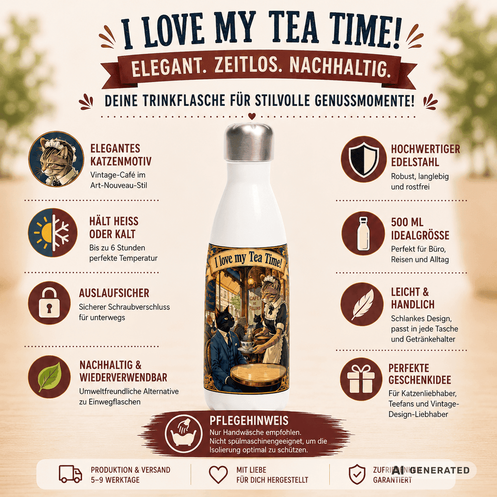 🫖🐱 Katzen Trinkflasche "I Love My Tea Time!" | Edelstahl Isolierflasche 500 ml | Vintage Café Design | Geschenk für Katzen- & Teeliebhaber - Sunbeamstore