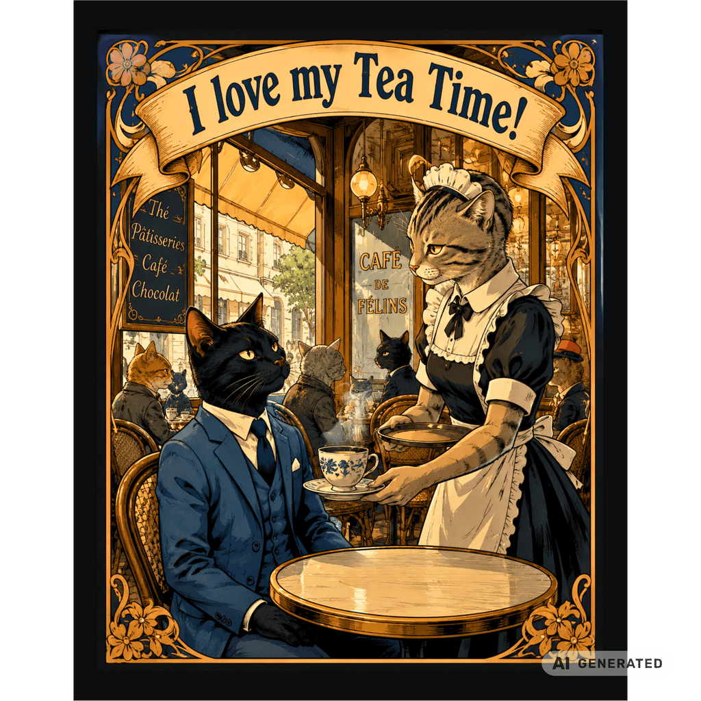 🫖🐱 Katzen Trinkflasche "I Love My Tea Time!" | Edelstahl Isolierflasche 500 ml | Vintage Café Design | Geschenk für Katzen- & Teeliebhaber - Sunbeamstore