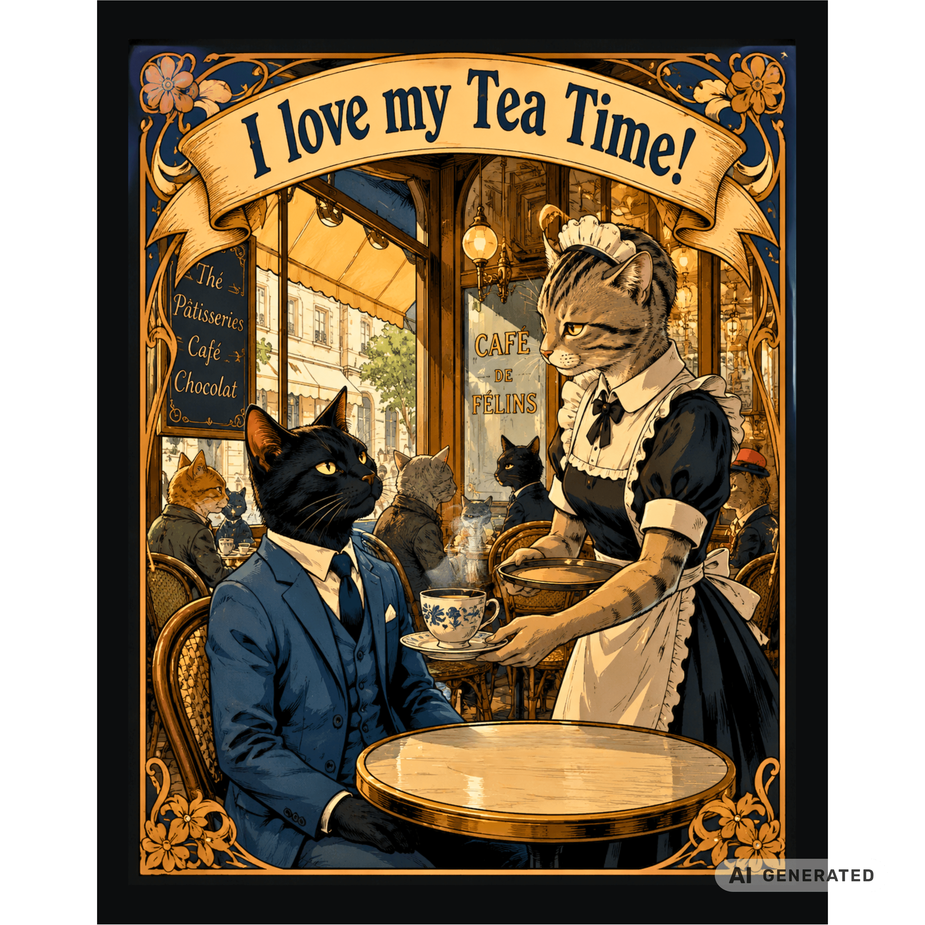 🫖🐱 Katzen Trinkflasche "I Love My Tea Time!" | Edelstahl Isolierflasche 500 ml | Vintage Café Design | Geschenk für Katzen- & Teeliebhaber - Sunbeamstore