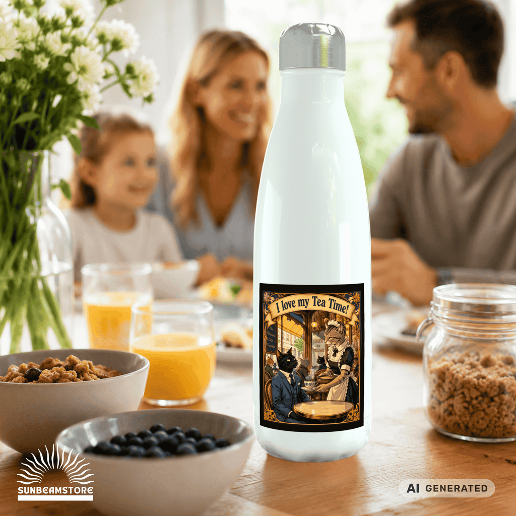 🫖🐱 Katzen Trinkflasche "I Love My Tea Time!" | Edelstahl Isolierflasche 500 ml | Vintage Café Design | Geschenk für Katzen- & Teeliebhaber - Sunbeamstore