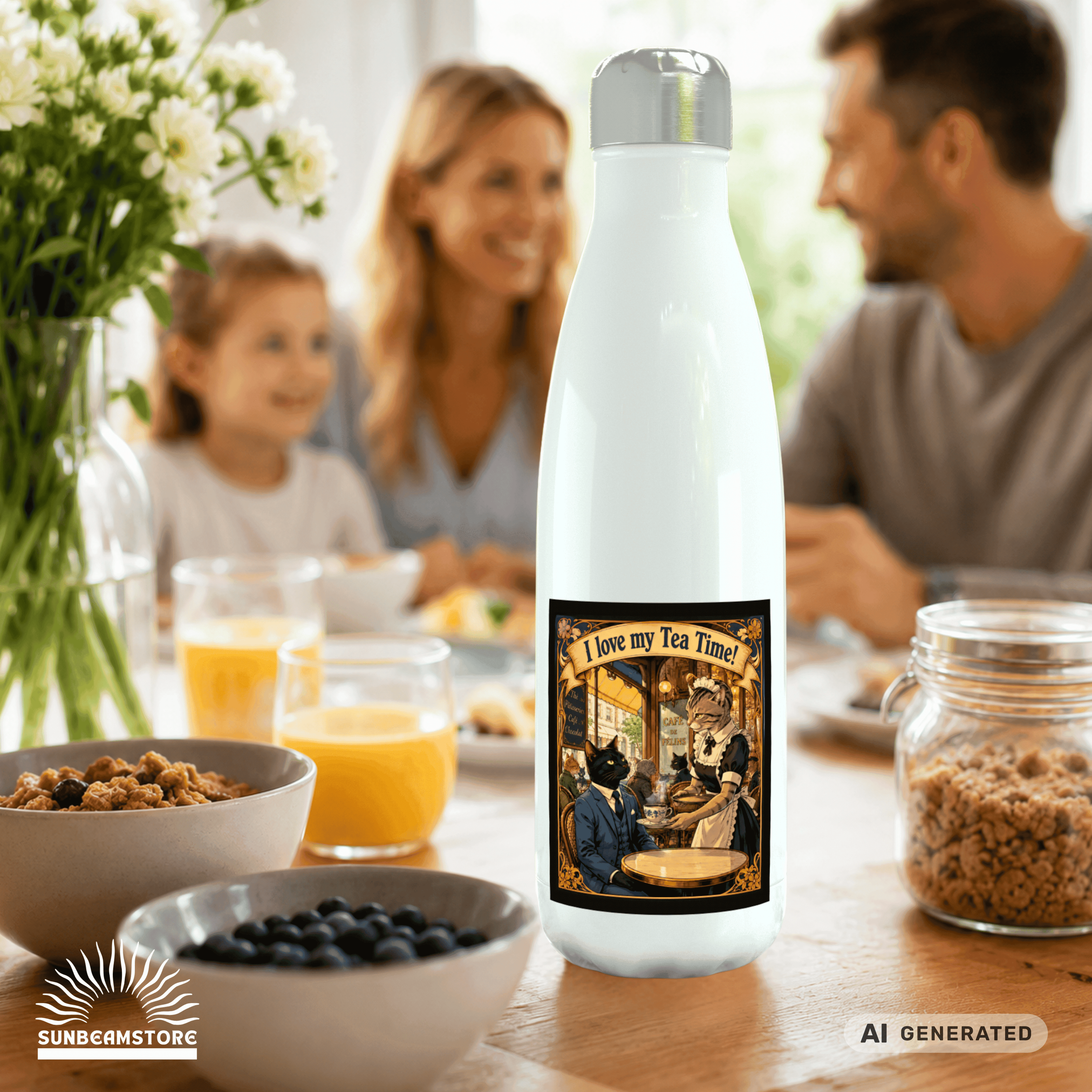 🫖🐱 Katzen Trinkflasche "I Love My Tea Time!" | Edelstahl Isolierflasche 500 ml | Vintage Café Design | Geschenk für Katzen- & Teeliebhaber - Sunbeamstore