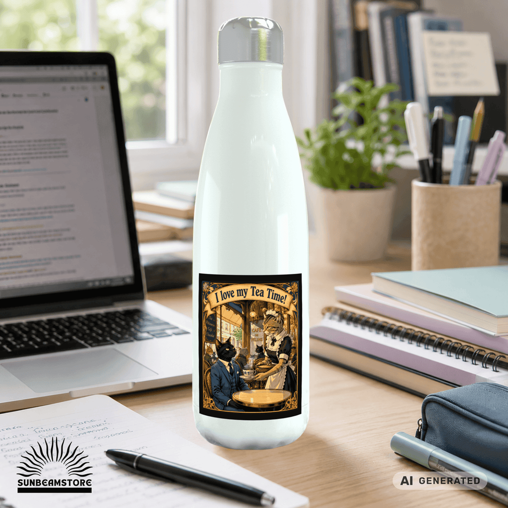 🫖🐱 Katzen Trinkflasche "I Love My Tea Time!" | Edelstahl Isolierflasche 500 ml | Vintage Café Design | Geschenk für Katzen- & Teeliebhaber - Sunbeamstore